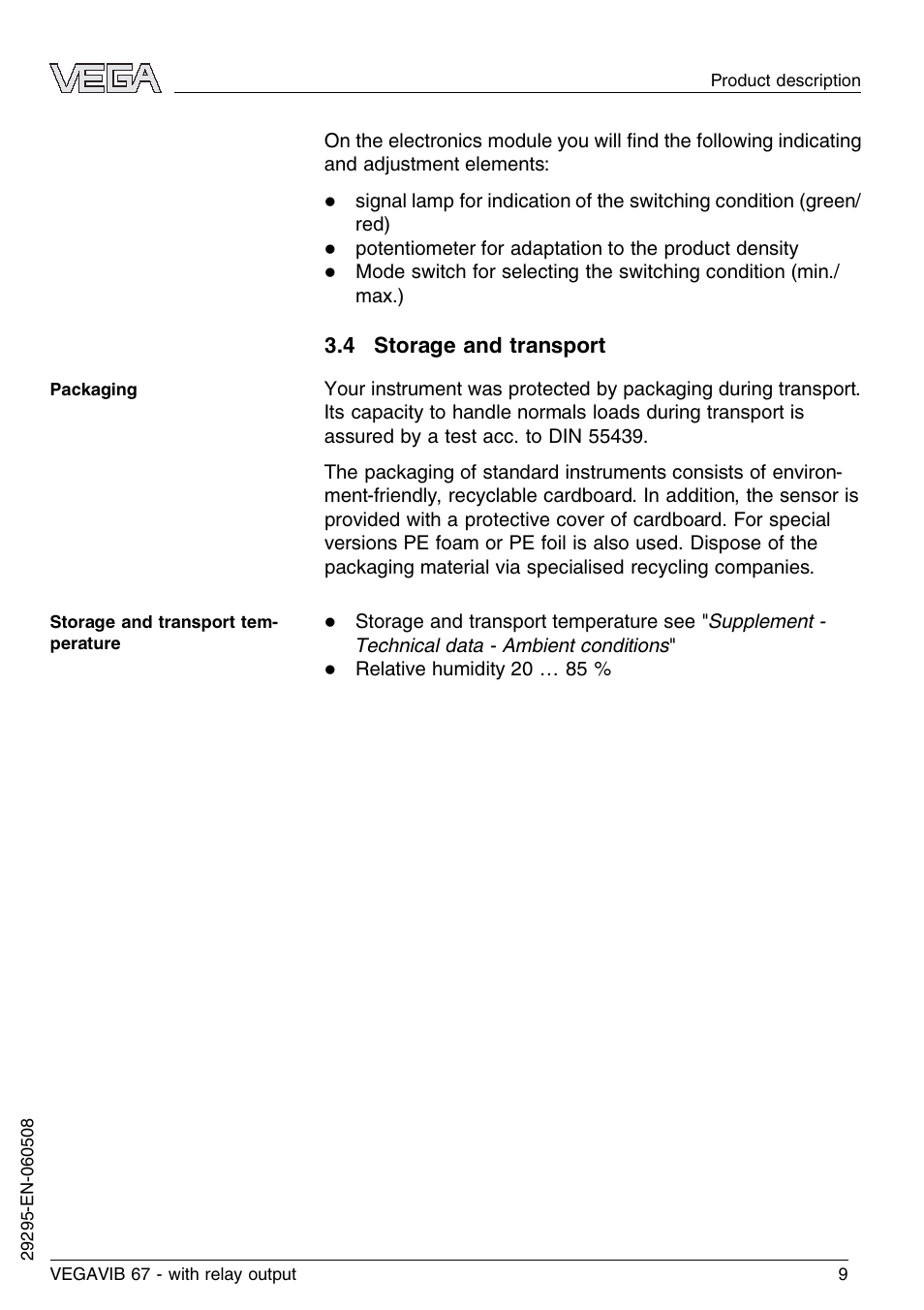 4 storage and transport | VEGA VEGAVIB 67 - relay output User Manual | Page 9 / 36