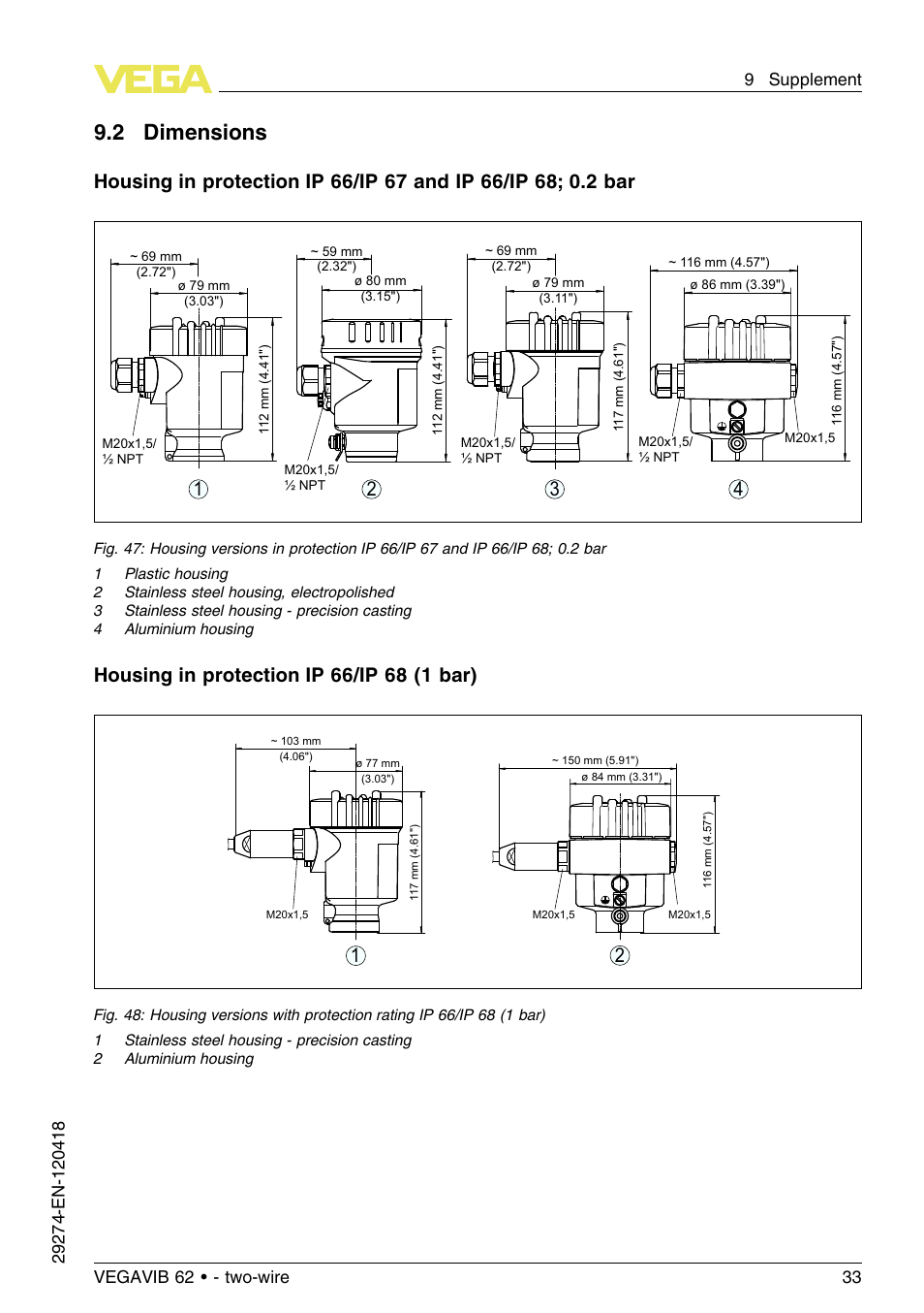 2 dimensions | VEGA VEGAVIB 62 - two-wire User Manual | Page 33 / 40