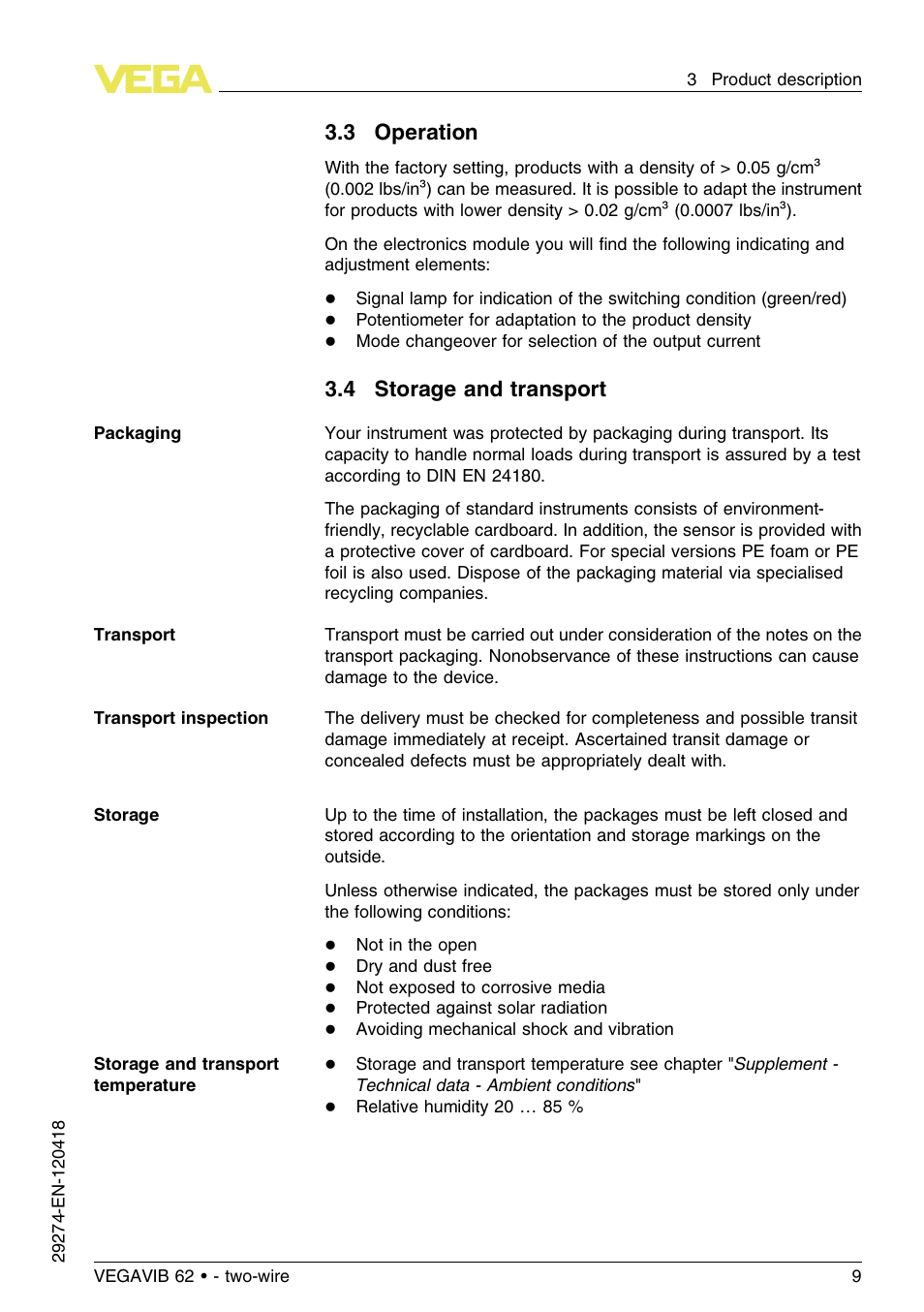 3 operation, 4 storage and transport | VEGA VEGAVIB 62 - two-wire User Manual | Page 9 / 40