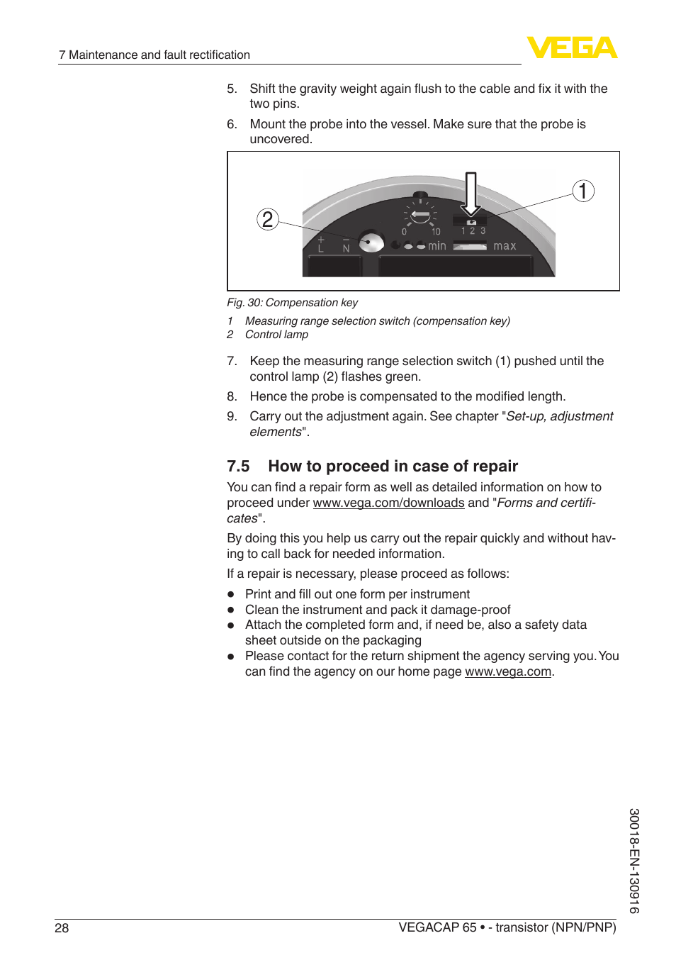 5 how to proceed in case of repair | VEGA VEGACAP 65 - transistor (NPN_PNP) User Manual | Page 28 / 44