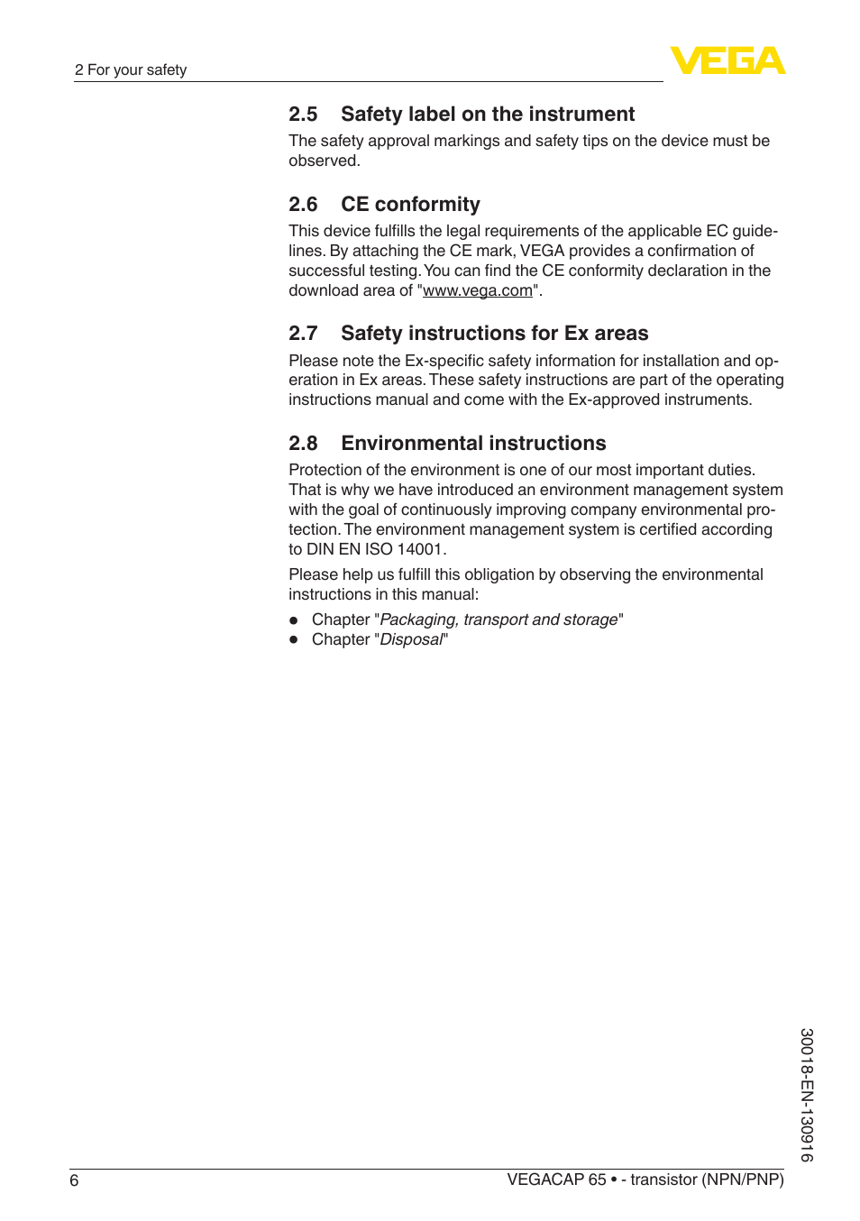 5 safety label on the instrument, 6 ce conformity, 7 safety instructions for ex areas | 8 environmental instructions | VEGA VEGACAP 65 - transistor (NPN_PNP) User Manual | Page 6 / 44