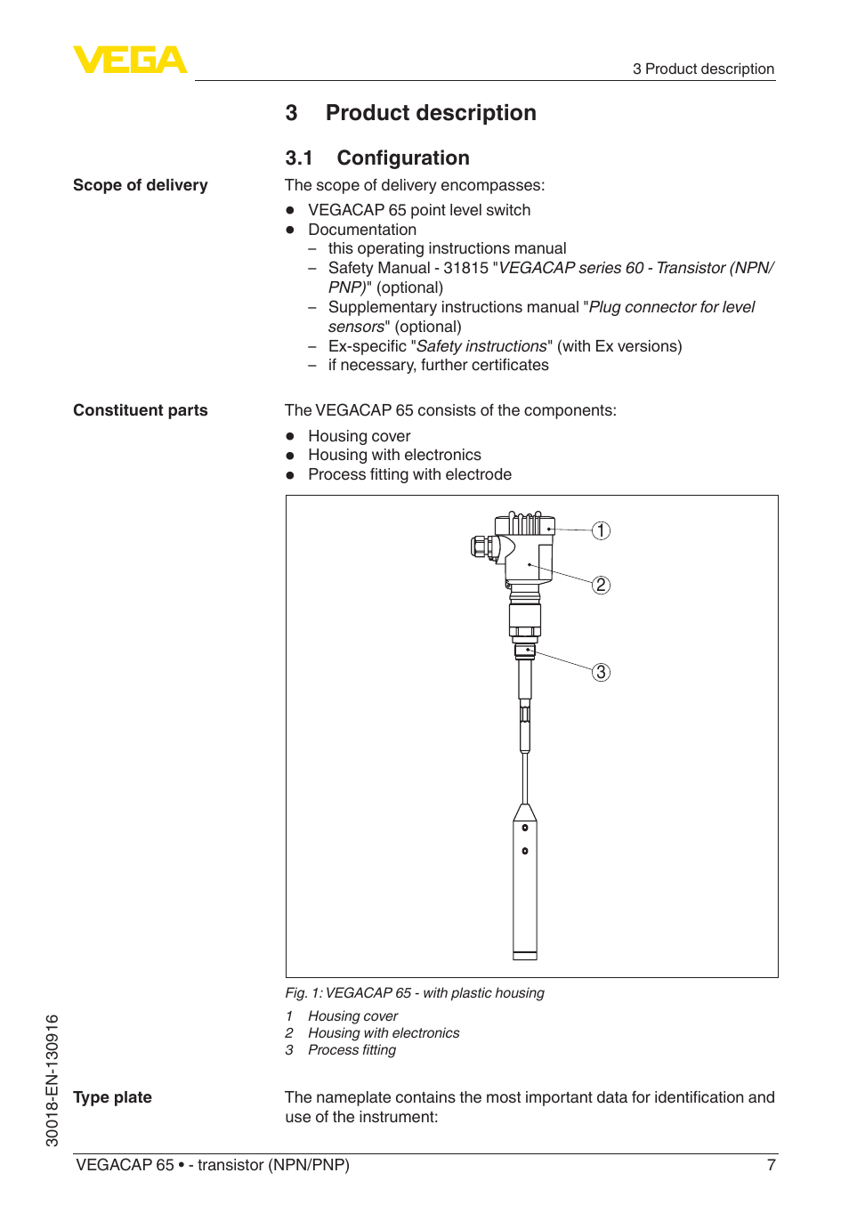 3 product description, 1 configuration | VEGA VEGACAP 65 - transistor (NPN_PNP) User Manual | Page 7 / 44