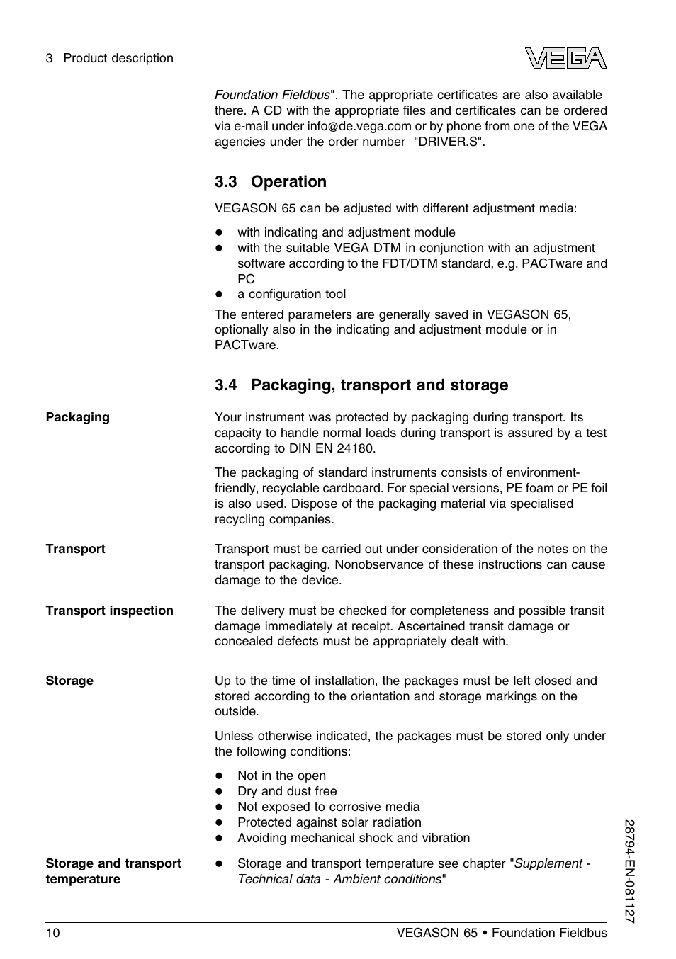 3 operation, 4 packaging, transport and storage | VEGA VEGASON 65 Foundation Fieldbus User Manual | Page 10 / 68