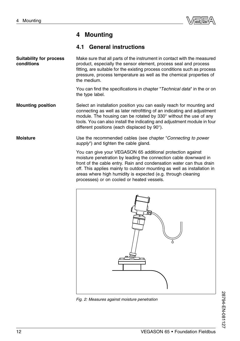 4 mounting, 1 general instructions | VEGA VEGASON 65 Foundation Fieldbus User Manual | Page 12 / 68