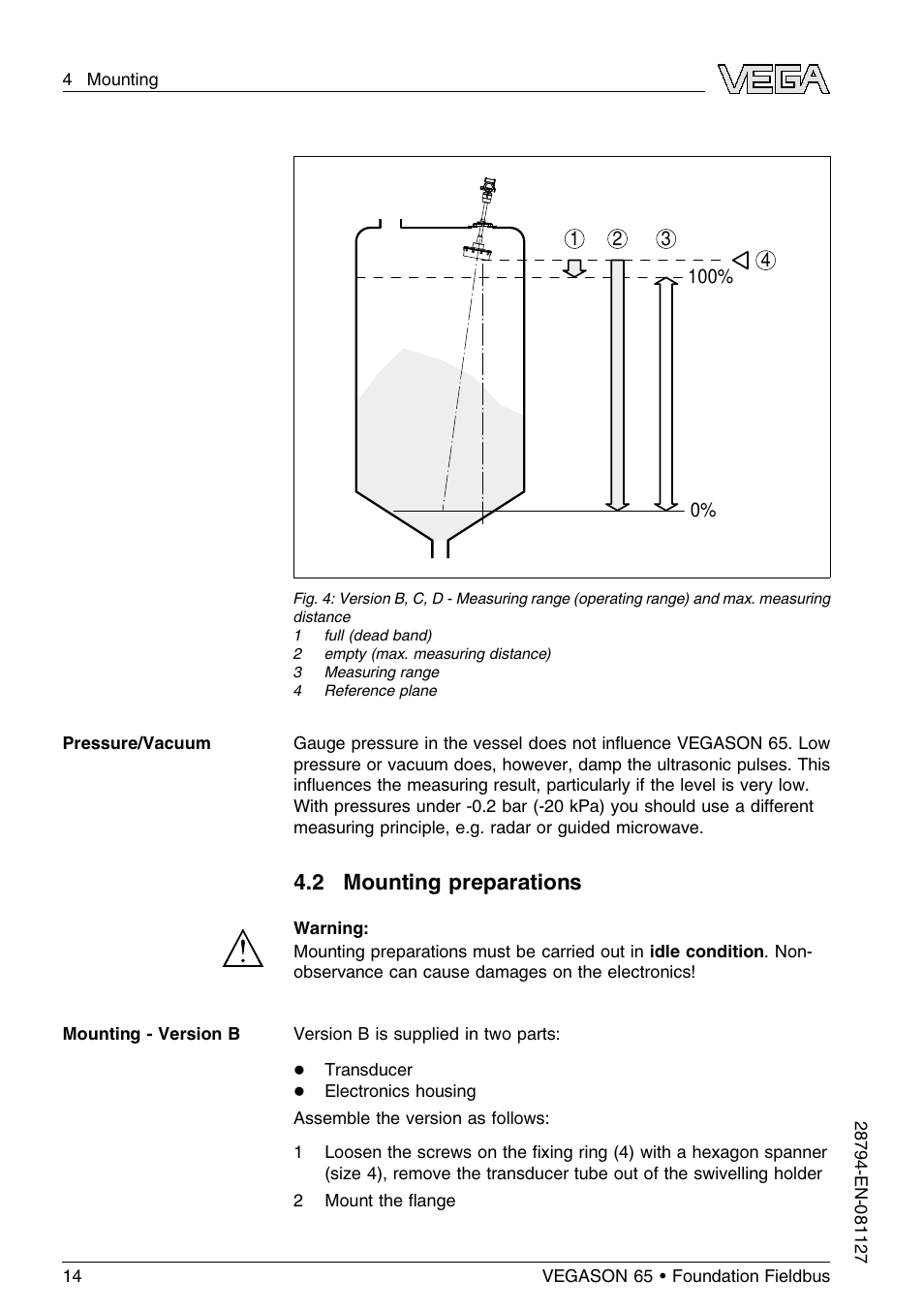 2 mounting preparations | VEGA VEGASON 65 Foundation Fieldbus User Manual | Page 14 / 68