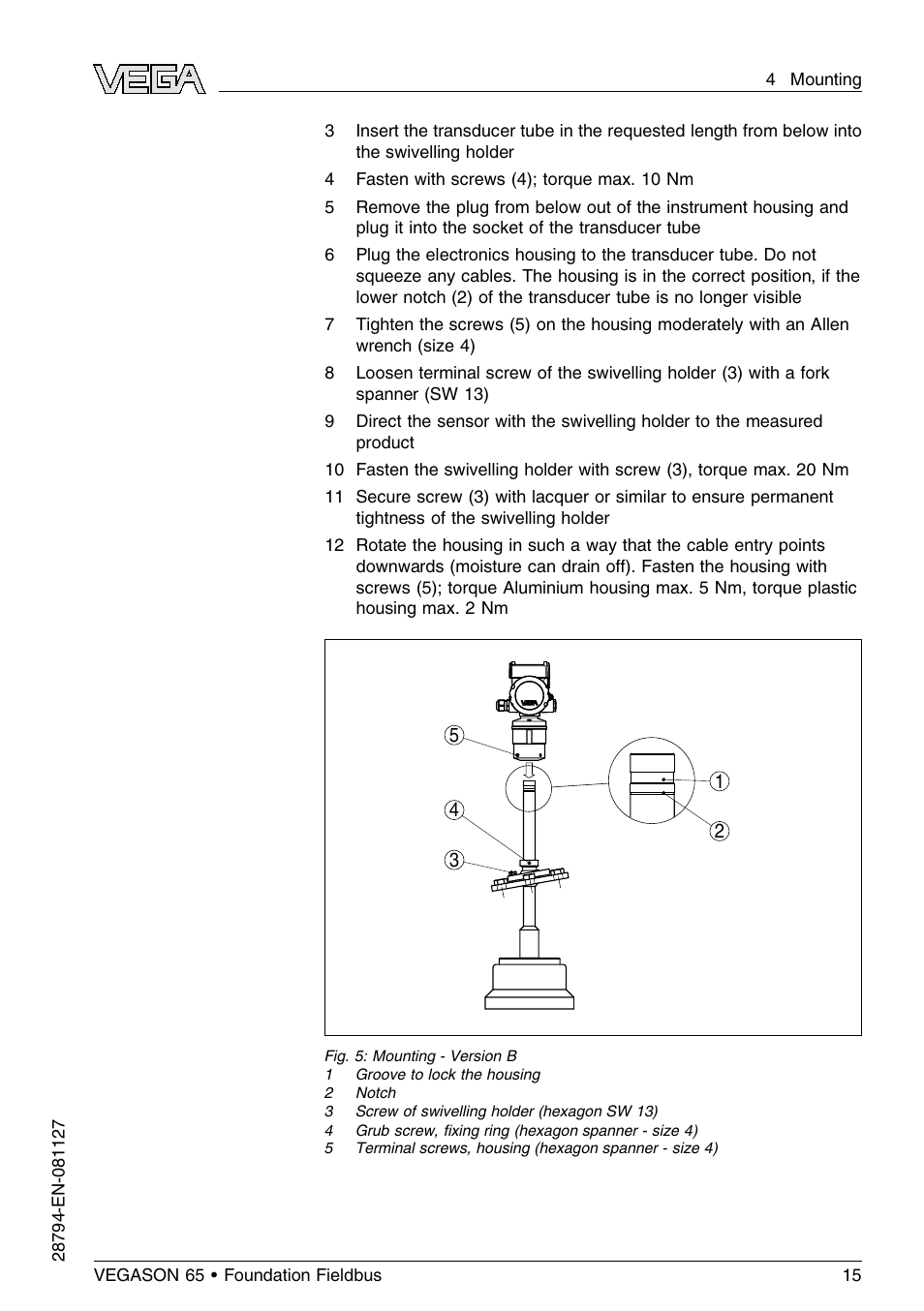 VEGA VEGASON 65 Foundation Fieldbus User Manual | Page 15 / 68