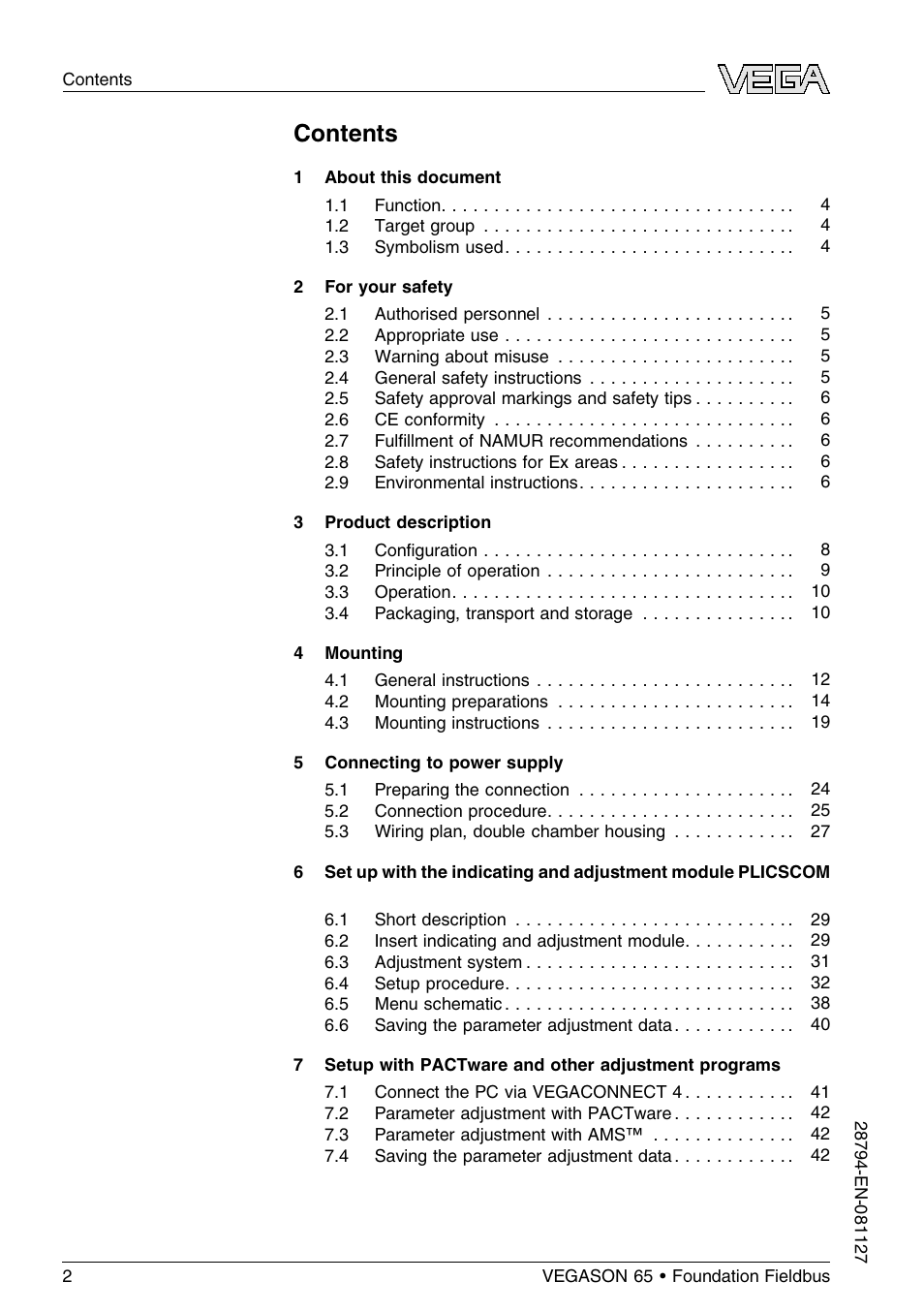 VEGA VEGASON 65 Foundation Fieldbus User Manual | Page 2 / 68