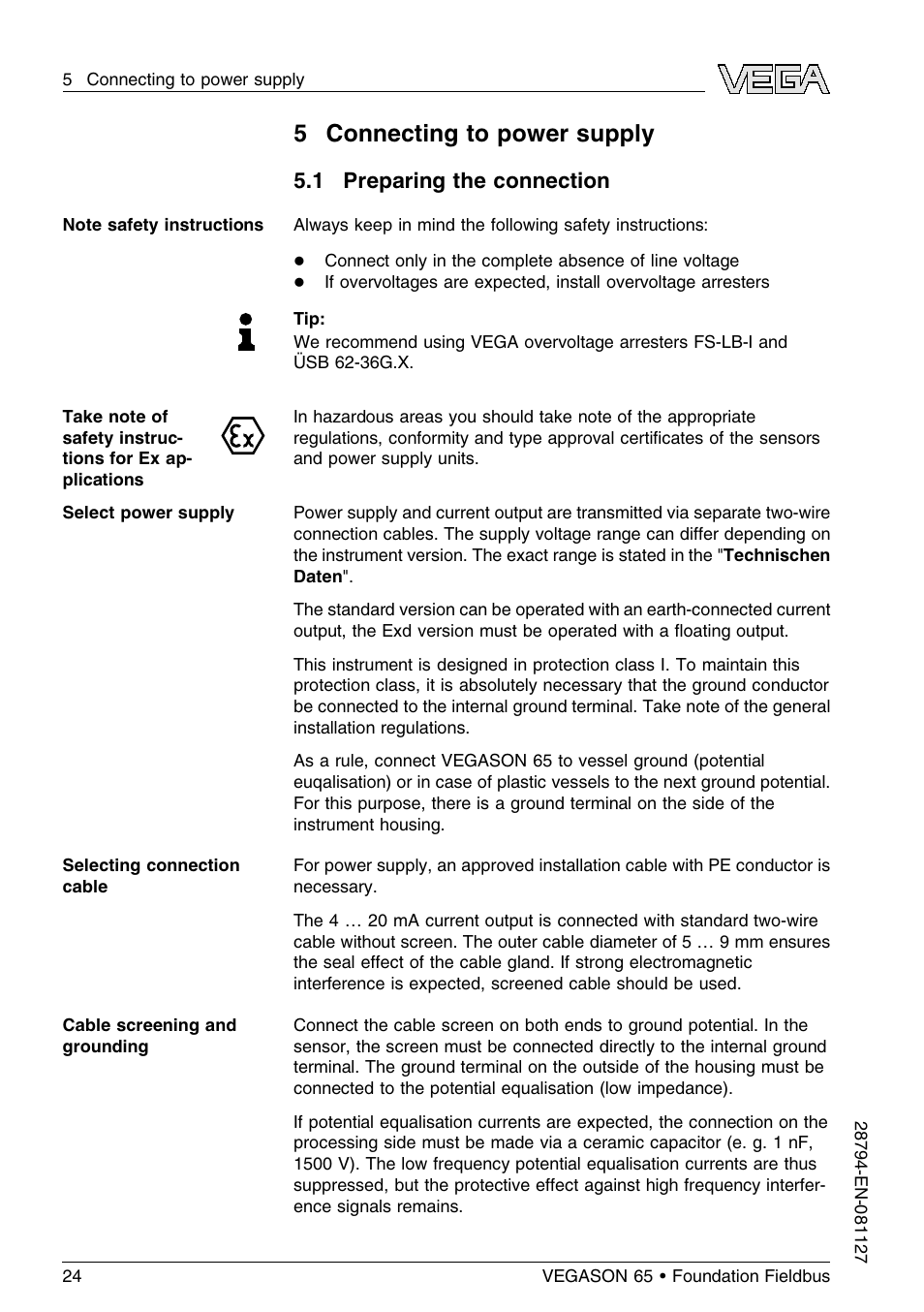 5 connecting to power supply, 1 preparing the connection | VEGA VEGASON 65 Foundation Fieldbus User Manual | Page 24 / 68