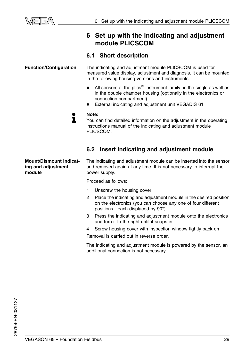 1 short description, 2 insert indicating and adjustment module | VEGA VEGASON 65 Foundation Fieldbus User Manual | Page 29 / 68