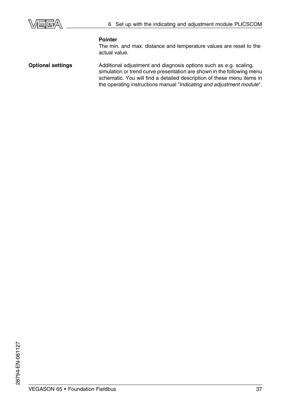 VEGA VEGASON 65 Foundation Fieldbus User Manual | Page 37 / 68