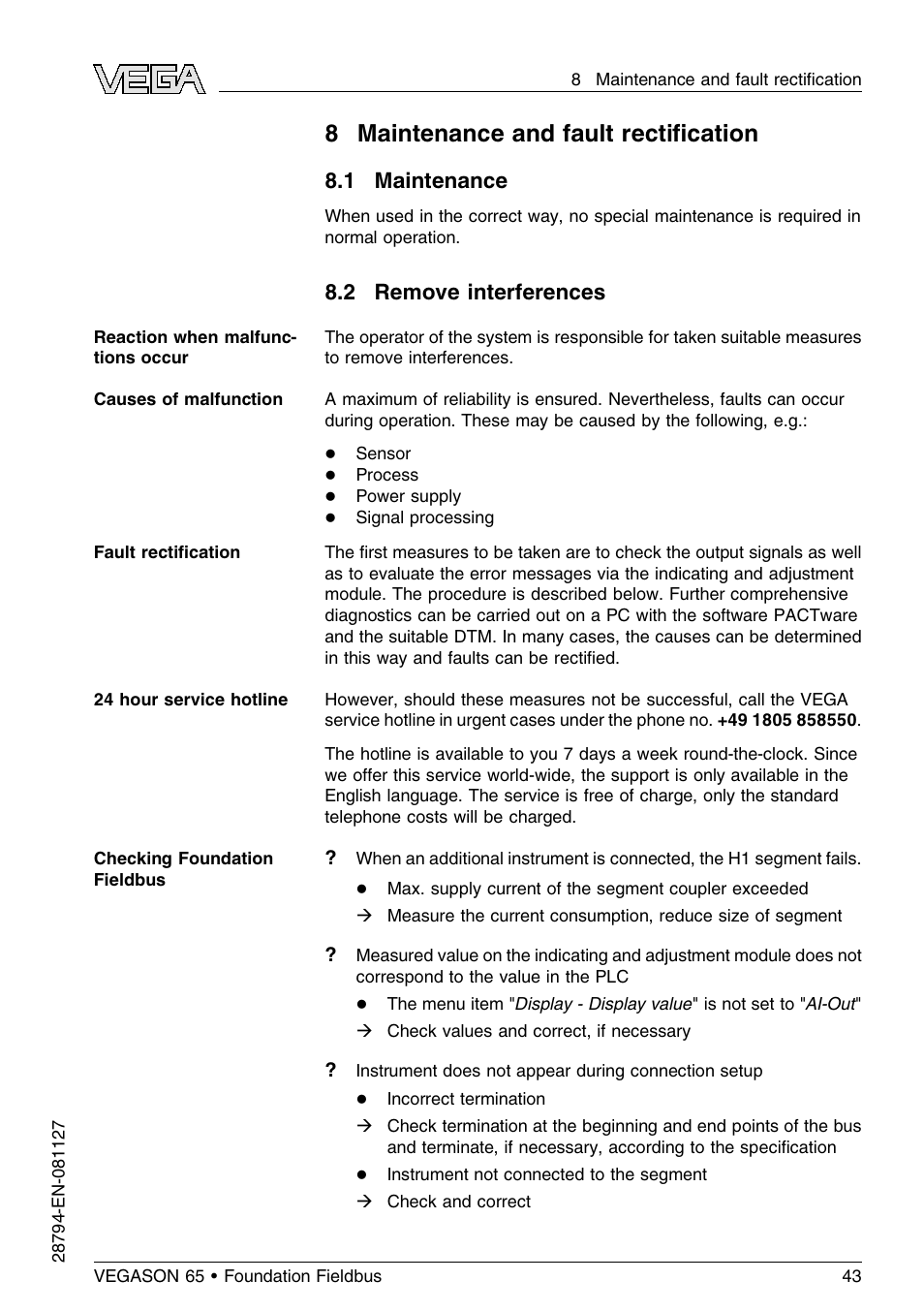 8 maintenance and fault rectification, 1 maintenance, 2 remove interferences | 8 maintenance and fault rectiﬁcation | VEGA VEGASON 65 Foundation Fieldbus User Manual | Page 43 / 68