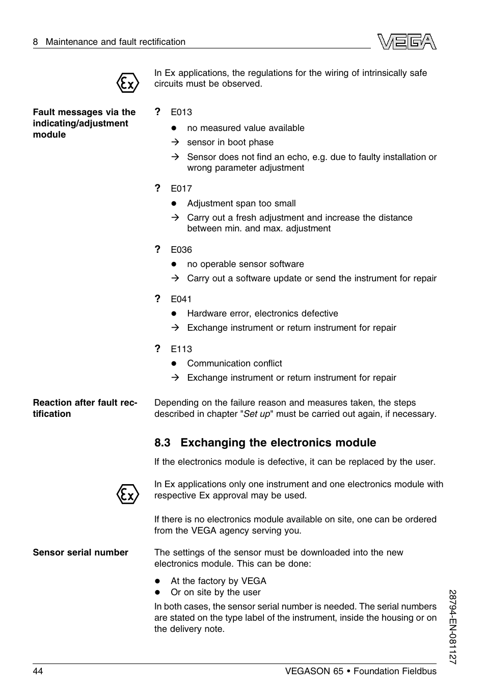 3 exchanging the electronics module | VEGA VEGASON 65 Foundation Fieldbus User Manual | Page 44 / 68