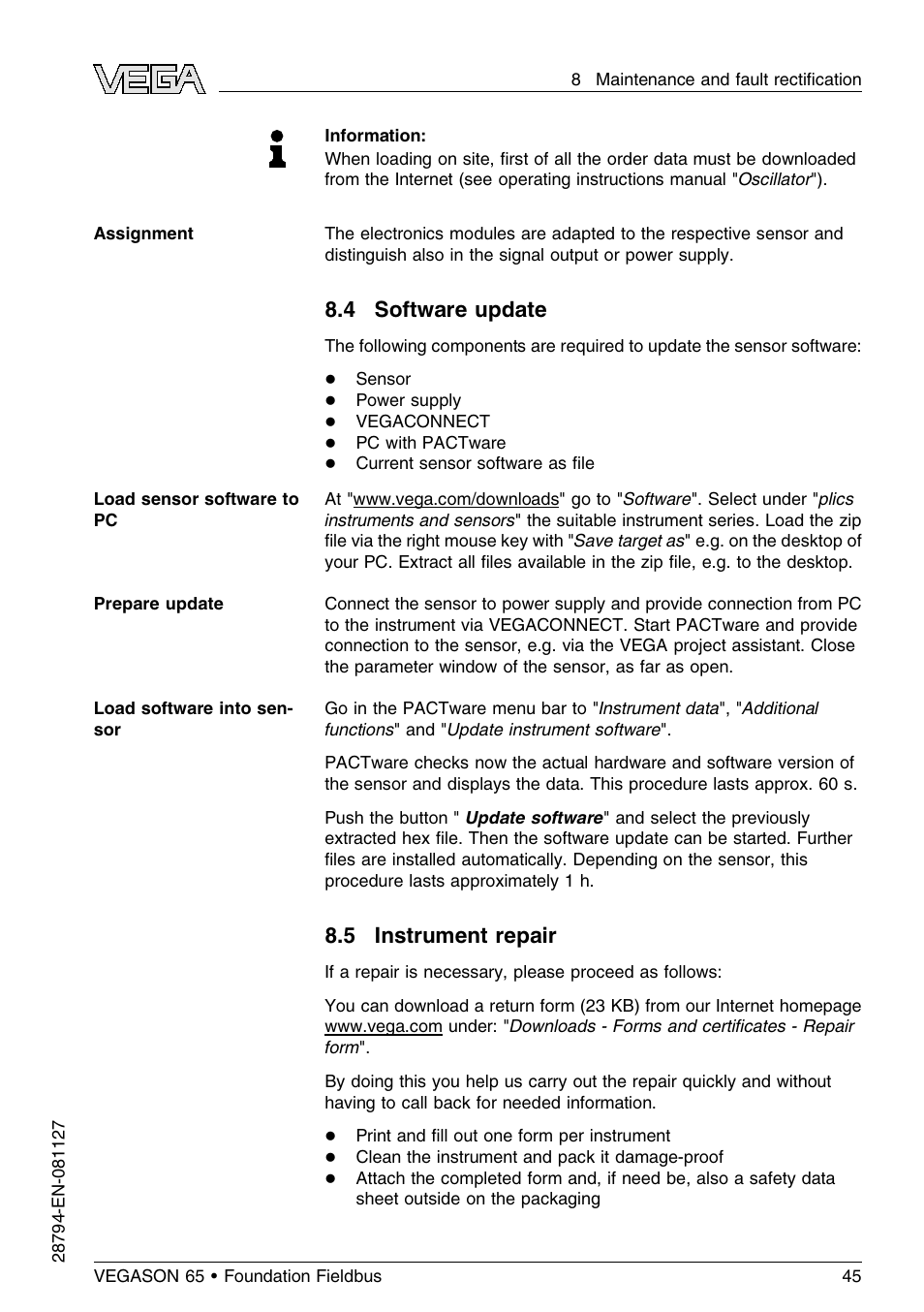 4 software update, 5 instrument repair | VEGA VEGASON 65 Foundation Fieldbus User Manual | Page 45 / 68