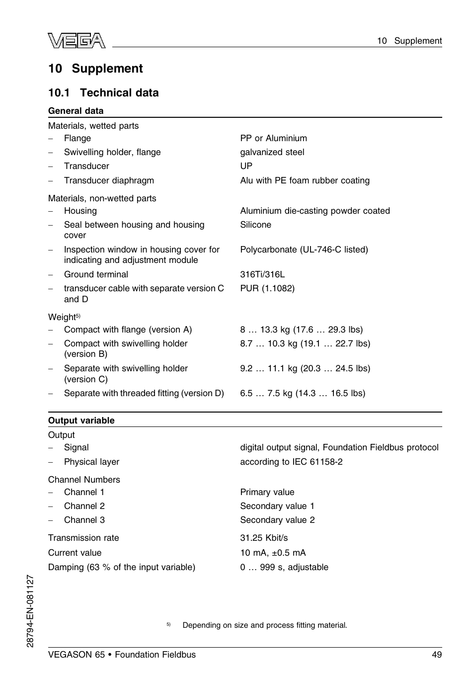 10 supplement, 1 technical data | VEGA VEGASON 65 Foundation Fieldbus User Manual | Page 49 / 68