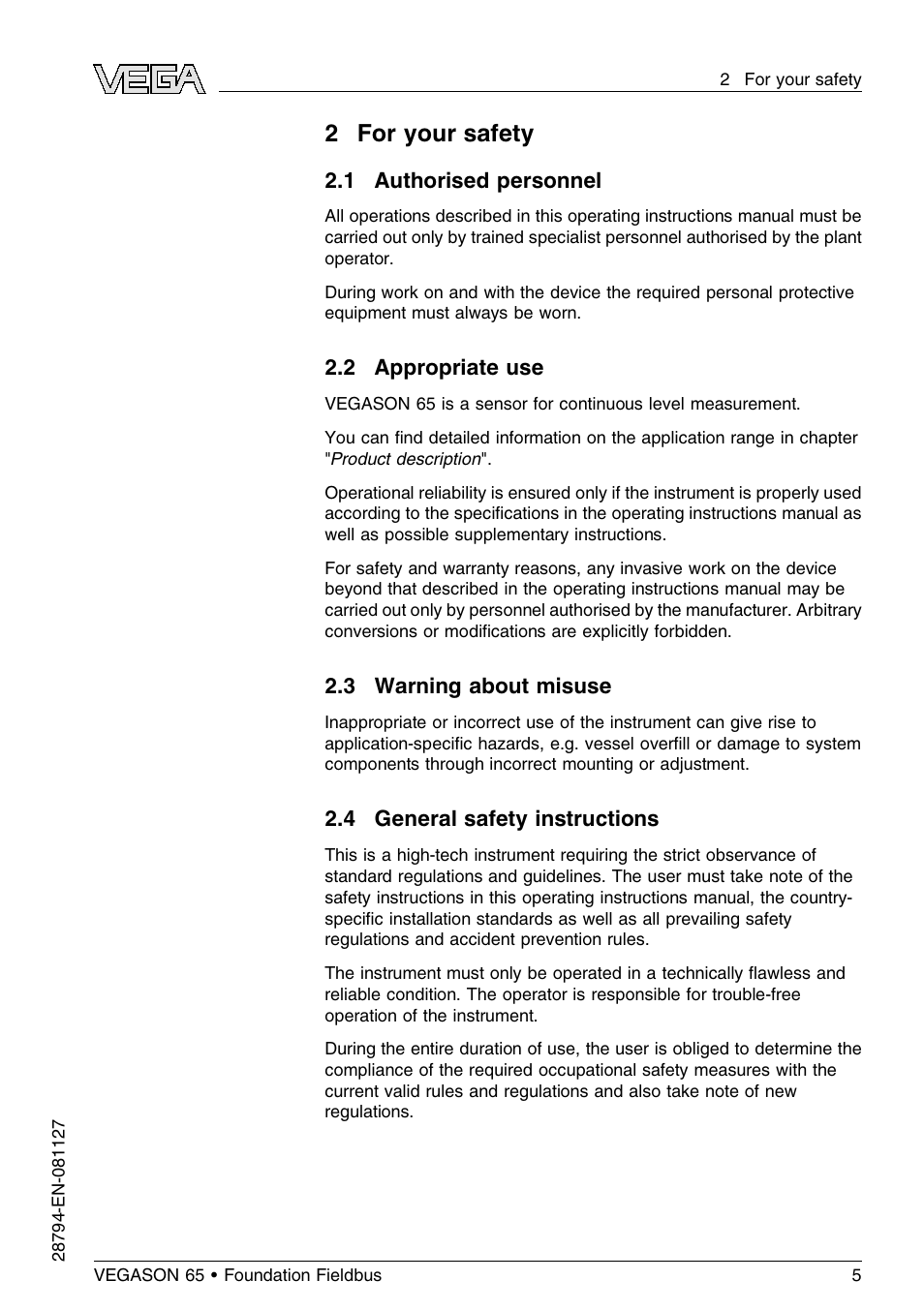 2 for your safety, 1 authorised personnel, 2 appropriate use | 3 warning about misuse, 4 general safety instructions | VEGA VEGASON 65 Foundation Fieldbus User Manual | Page 5 / 68