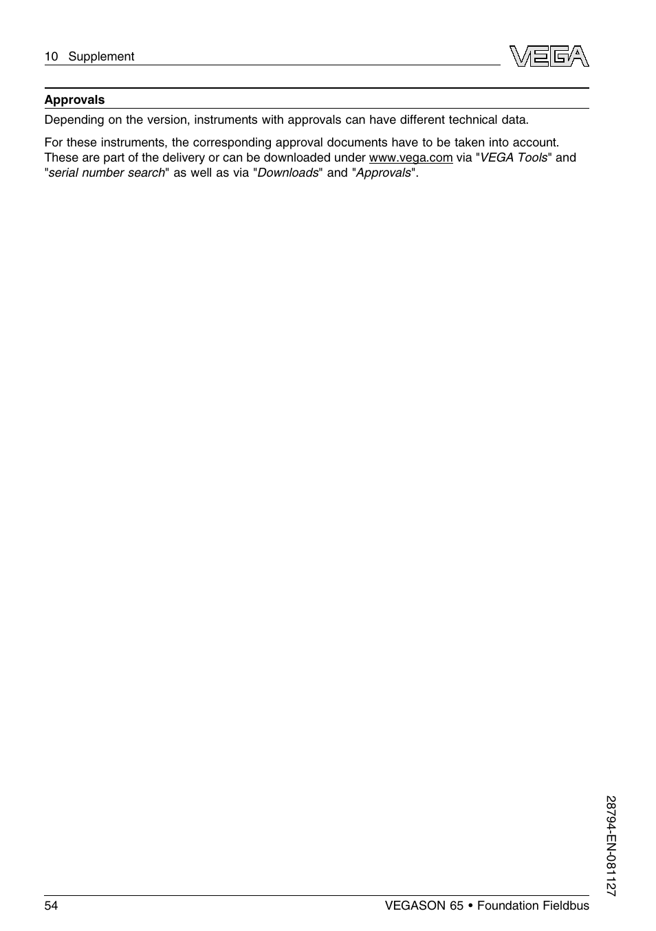 VEGA VEGASON 65 Foundation Fieldbus User Manual | Page 54 / 68