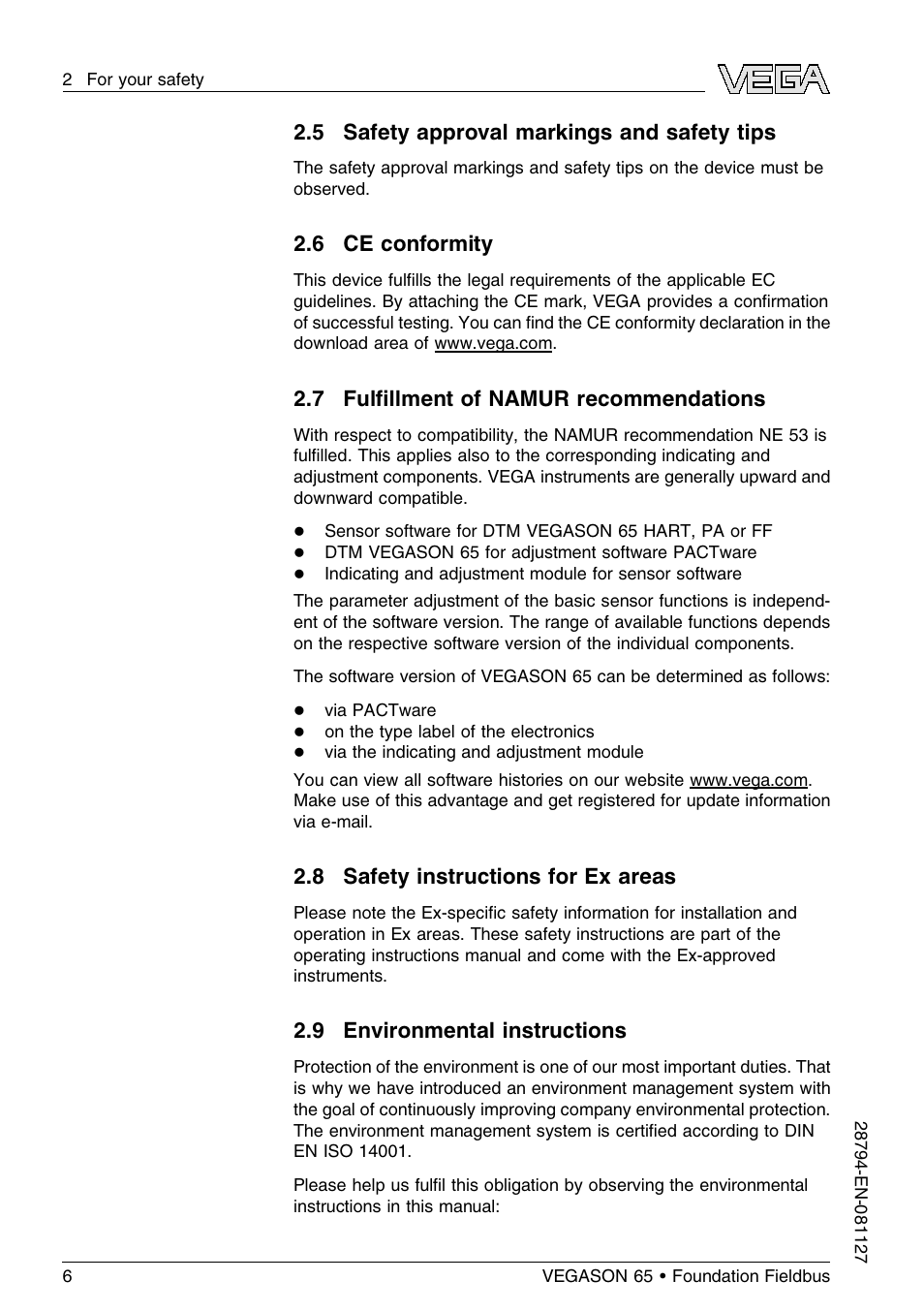 5 safety approval markings and safety tips, 6 ce conformity, 7 fulfillment of namur recommendations | 8 safety instructions for ex areas, 9 environmental instructions, 7 fulﬁllment of namur recommendations | VEGA VEGASON 65 Foundation Fieldbus User Manual | Page 6 / 68