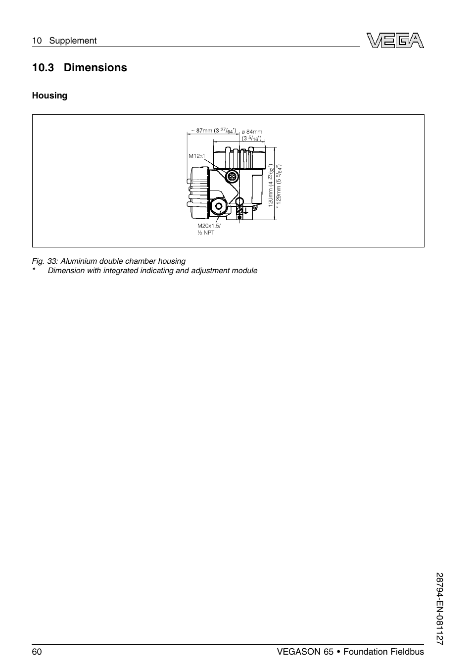 3 dimensions, Housing | VEGA VEGASON 65 Foundation Fieldbus User Manual | Page 60 / 68