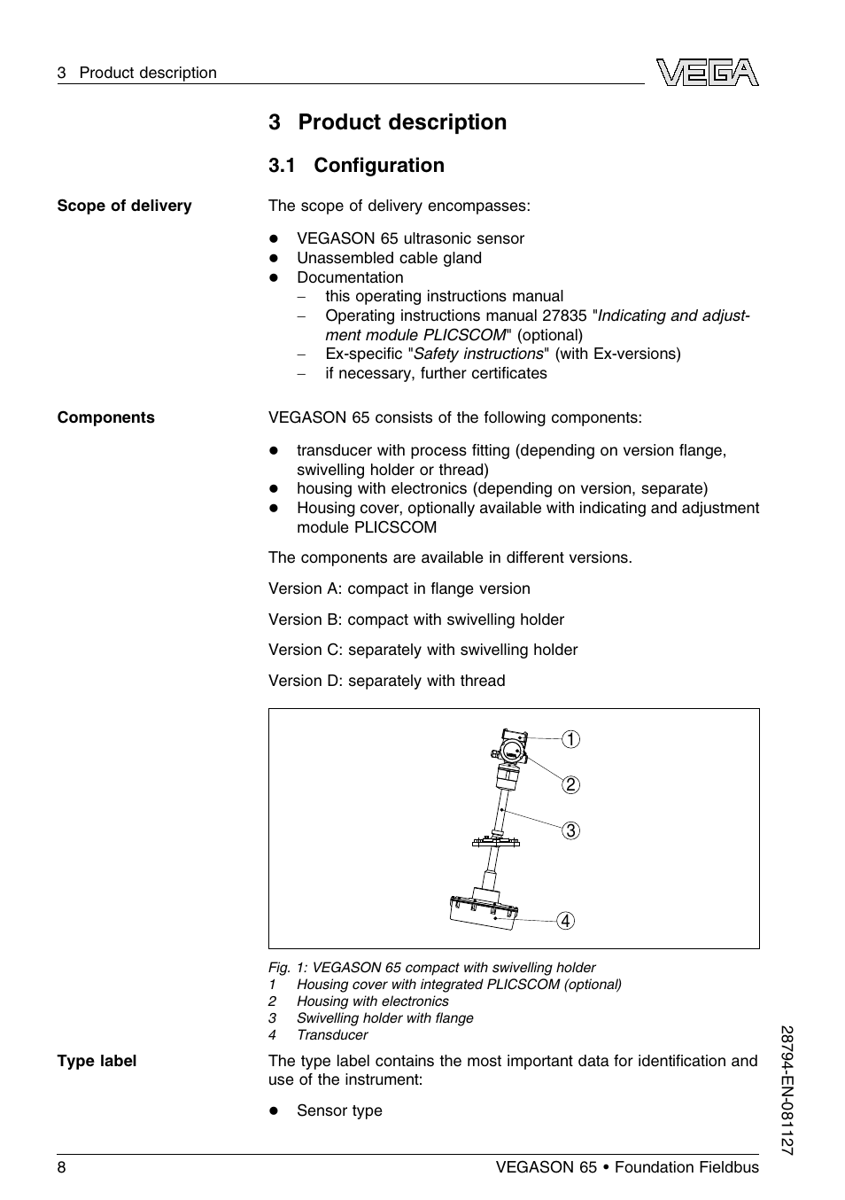 3 product description, 1 configuration, 1 conﬁguration | VEGA VEGASON 65 Foundation Fieldbus User Manual | Page 8 / 68