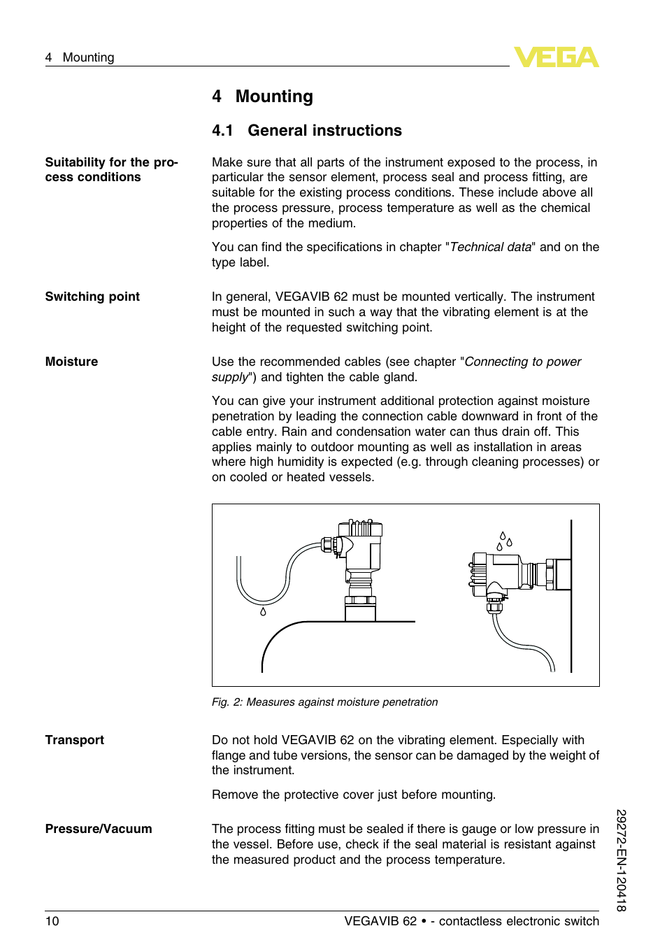 4 mounting, 1 general instructions, 4mounting | VEGA VEGAVIB 62 - contactless electronic switch User Manual | Page 10 / 32