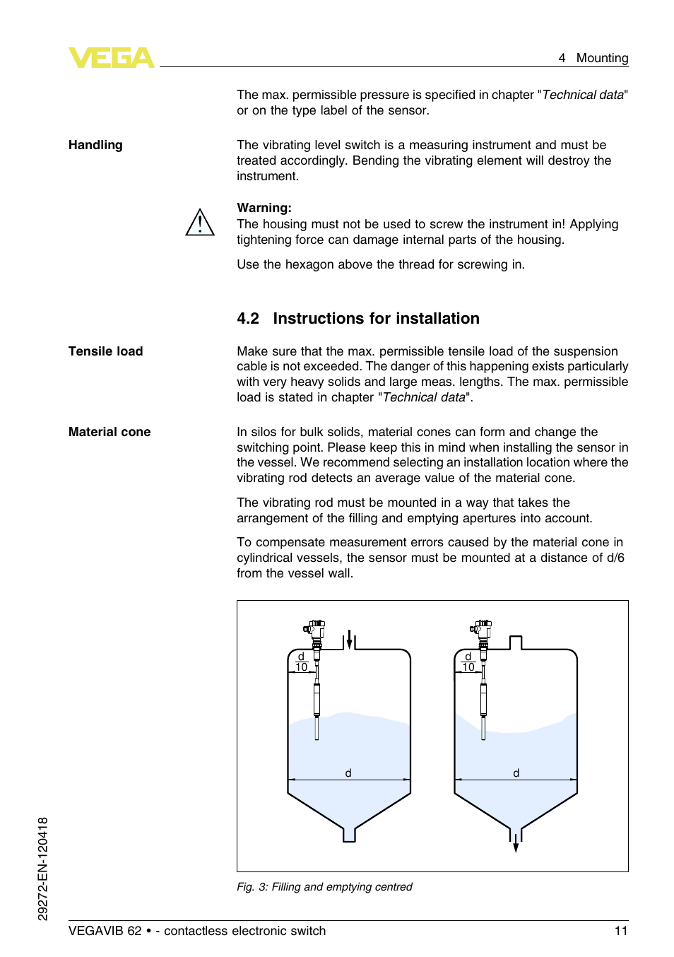 2 instructions for installation | VEGA VEGAVIB 62 - contactless electronic switch User Manual | Page 11 / 32
