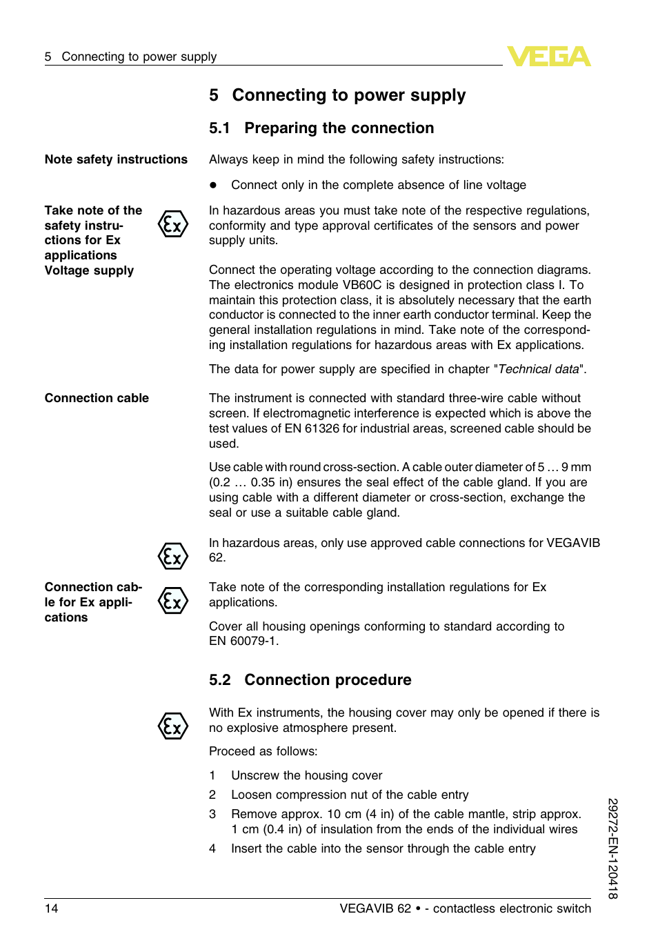 5 connecting to power supply, 1 preparing the connection, 2 connection procedure | 5connecting to power supply | VEGA VEGAVIB 62 - contactless electronic switch User Manual | Page 14 / 32