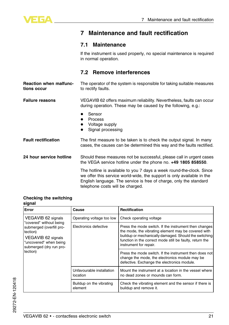 7 maintenance and fault rectification, 1 maintenance, 2 remove interferences | 7maintenance and fault rectiﬁcation | VEGA VEGAVIB 62 - contactless electronic switch User Manual | Page 21 / 32