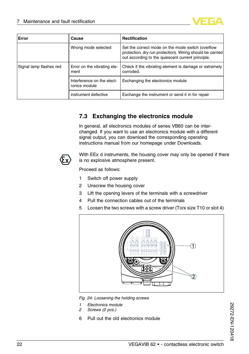 3 exchanging the electronics module | VEGA VEGAVIB 62 - contactless electronic switch User Manual | Page 22 / 32