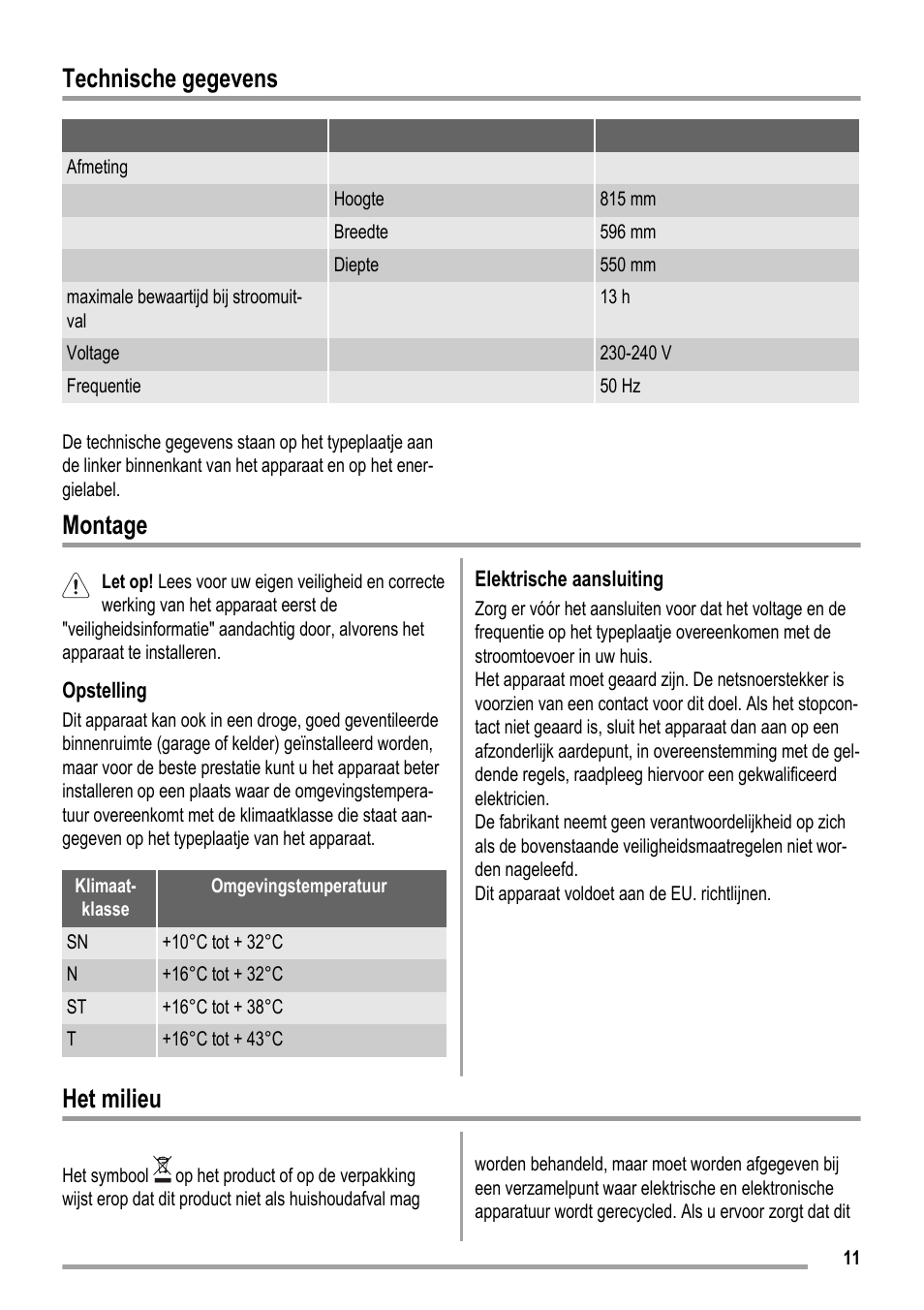 Technische gegevens, Montage, Het milieu | ZANKER KBU 12401 DK User Manual | Page 11 / 48