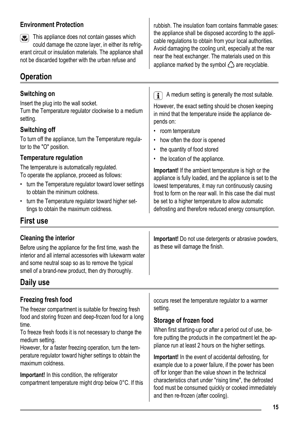 Operation, First use, Daily use | ZANKER KBU 12401 DK User Manual | Page 15 / 48