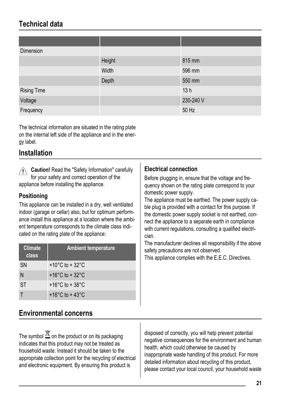 Technical data, Installation, Environmental concerns | ZANKER KBU 12401 DK User Manual | Page 21 / 48
