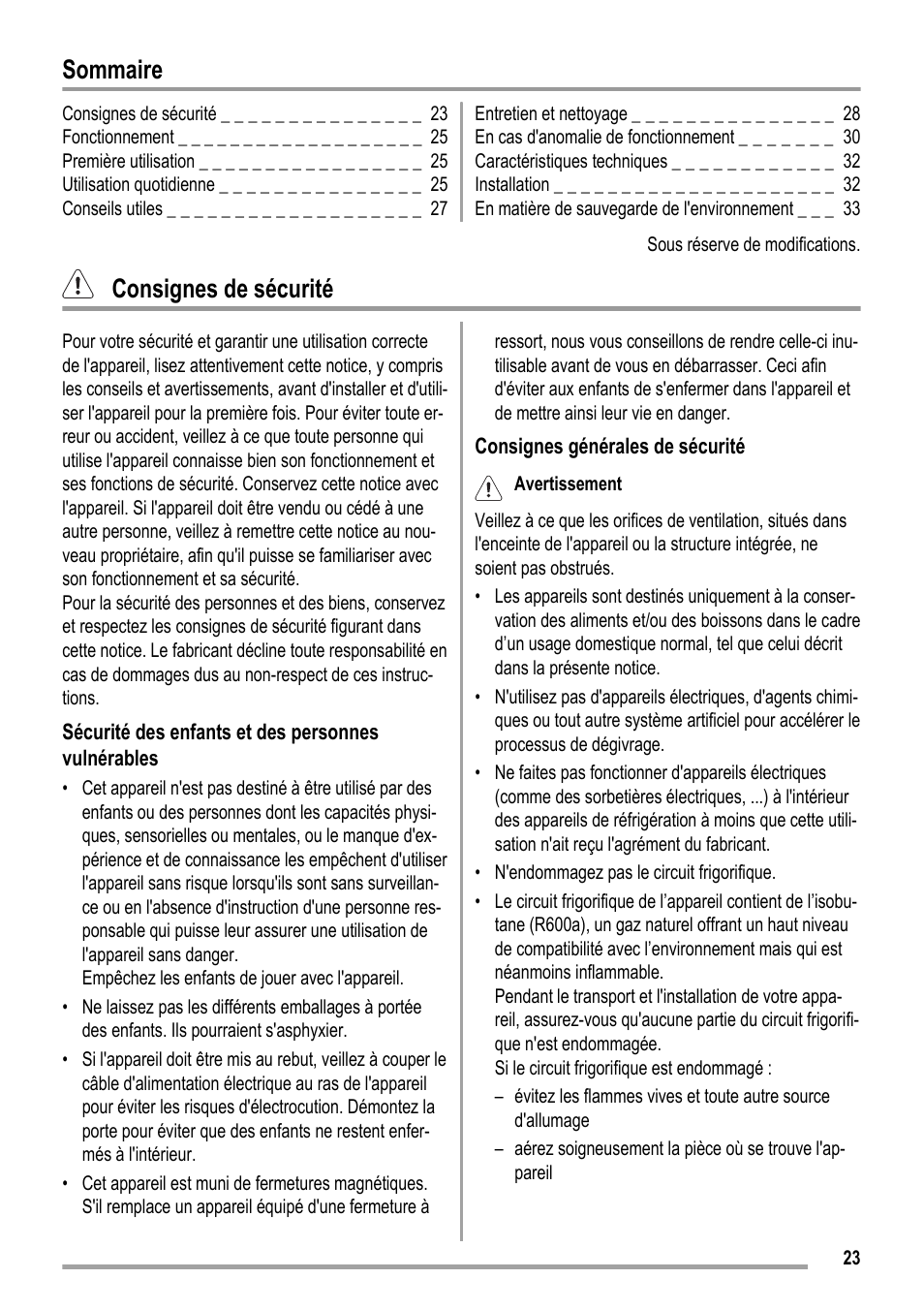 Sommaire, Consignes de sécurité | ZANKER KBU 12401 DK User Manual | Page 23 / 48