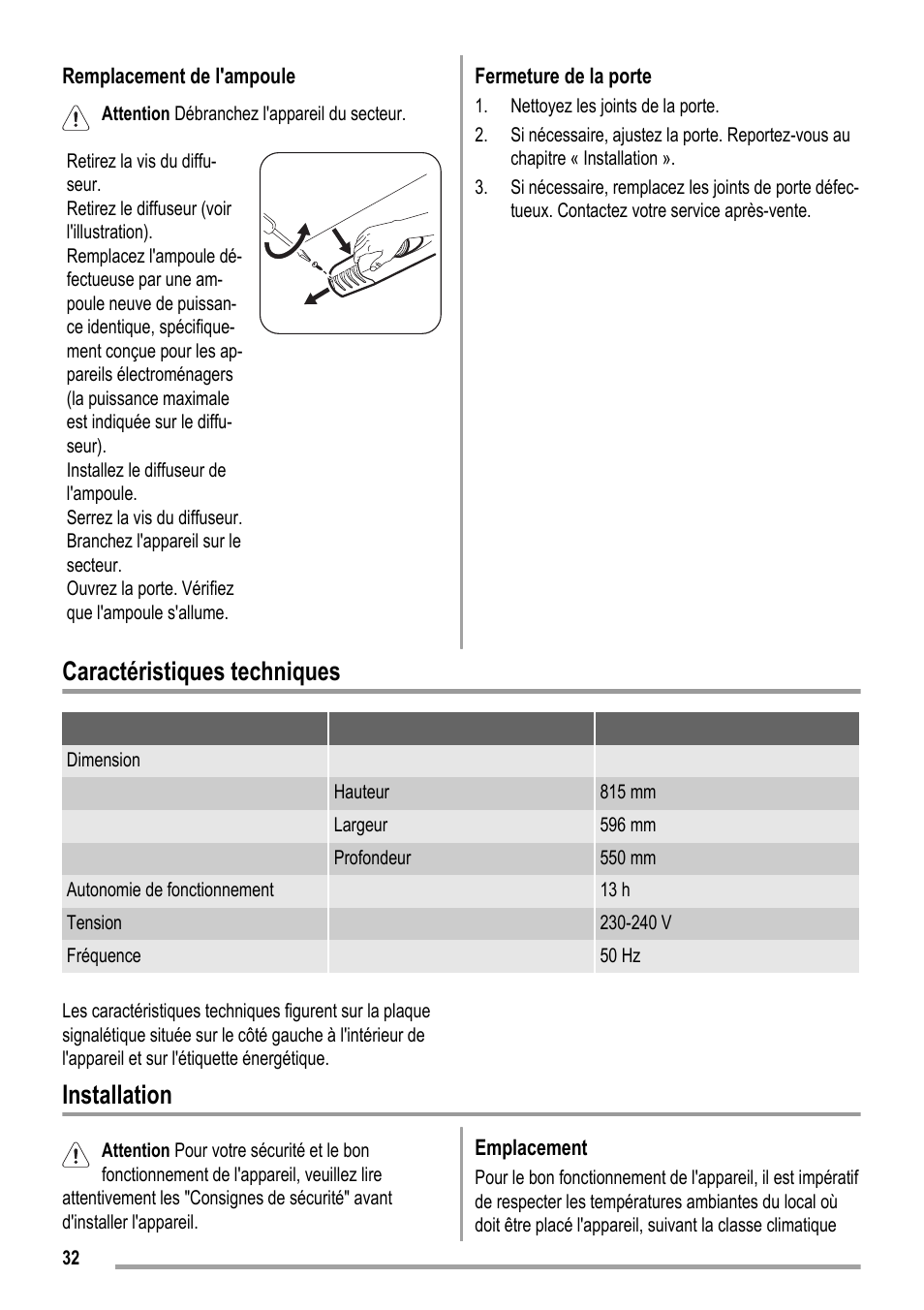 Caractéristiques techniques, Installation | ZANKER KBU 12401 DK User Manual | Page 32 / 48