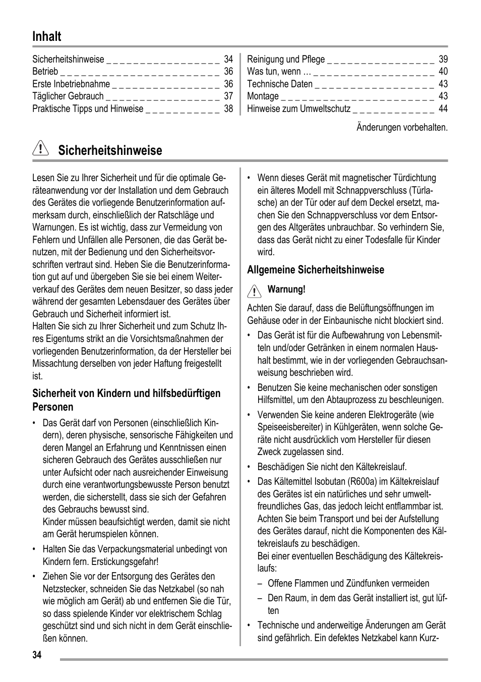 Inhalt, Sicherheitshinweise | ZANKER KBU 12401 DK User Manual | Page 34 / 48
