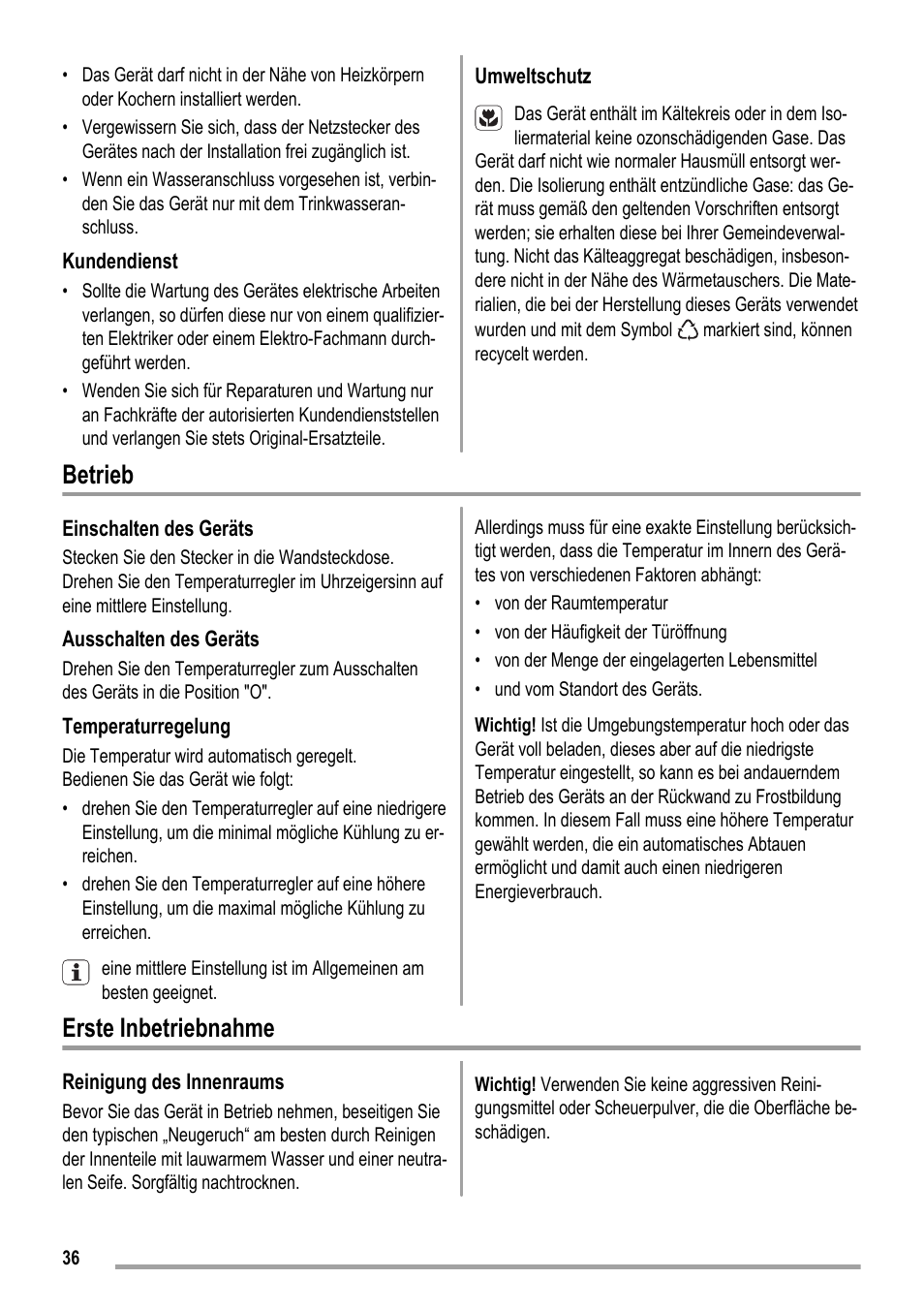 Betrieb, Erste inbetriebnahme | ZANKER KBU 12401 DK User Manual | Page 36 / 48