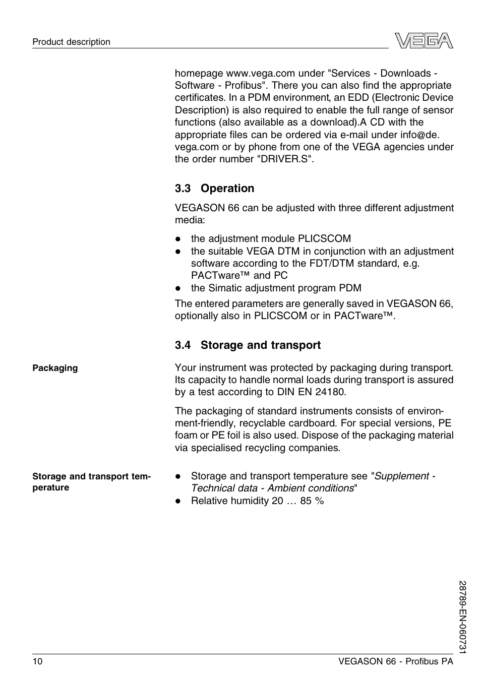 3 operation, 4 storage and transport | VEGA VEGASON 66 Proﬁbus PA User Manual | Page 10 / 64