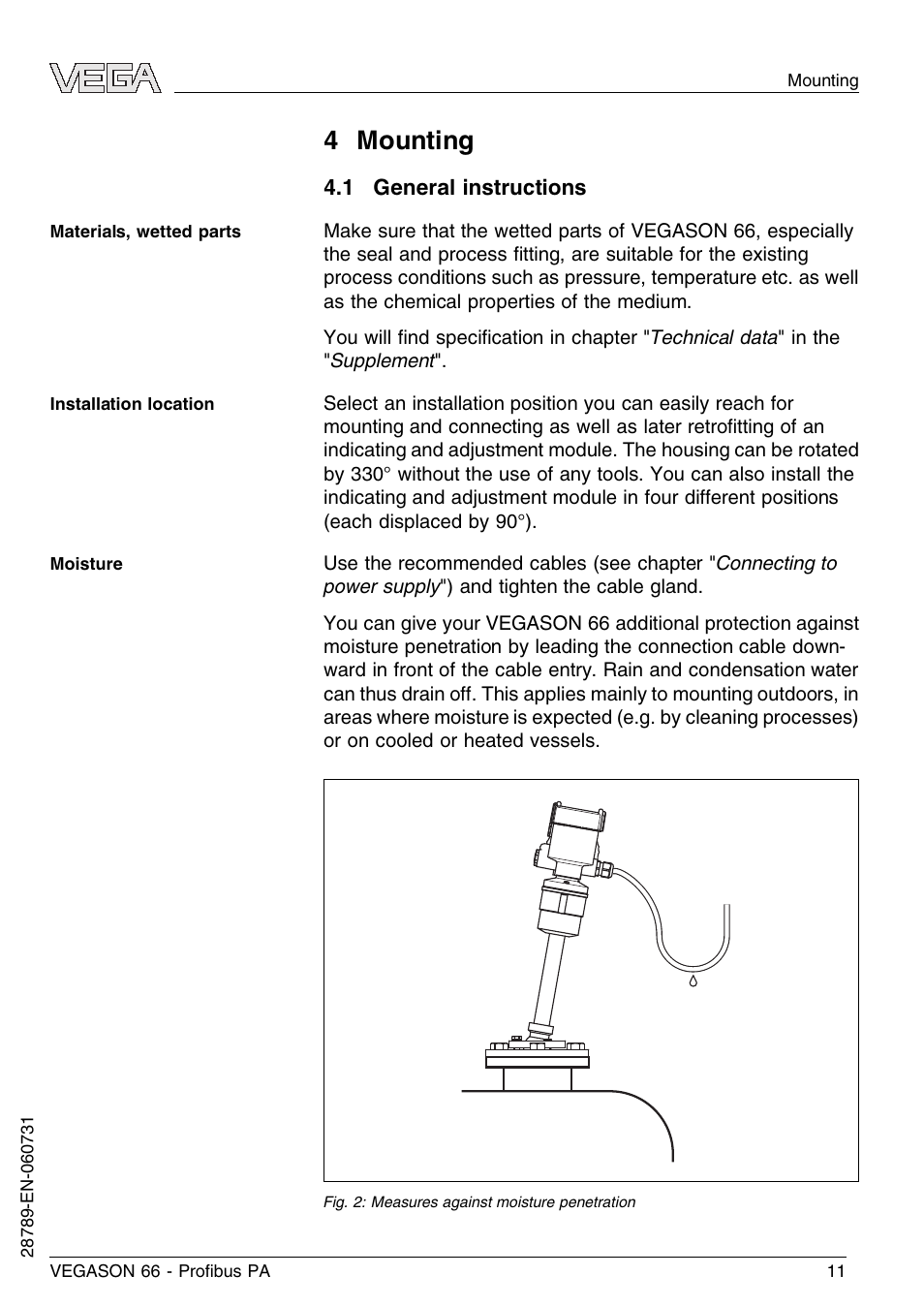 4 mounting, 1 general instructions | VEGA VEGASON 66 Proﬁbus PA User Manual | Page 11 / 64