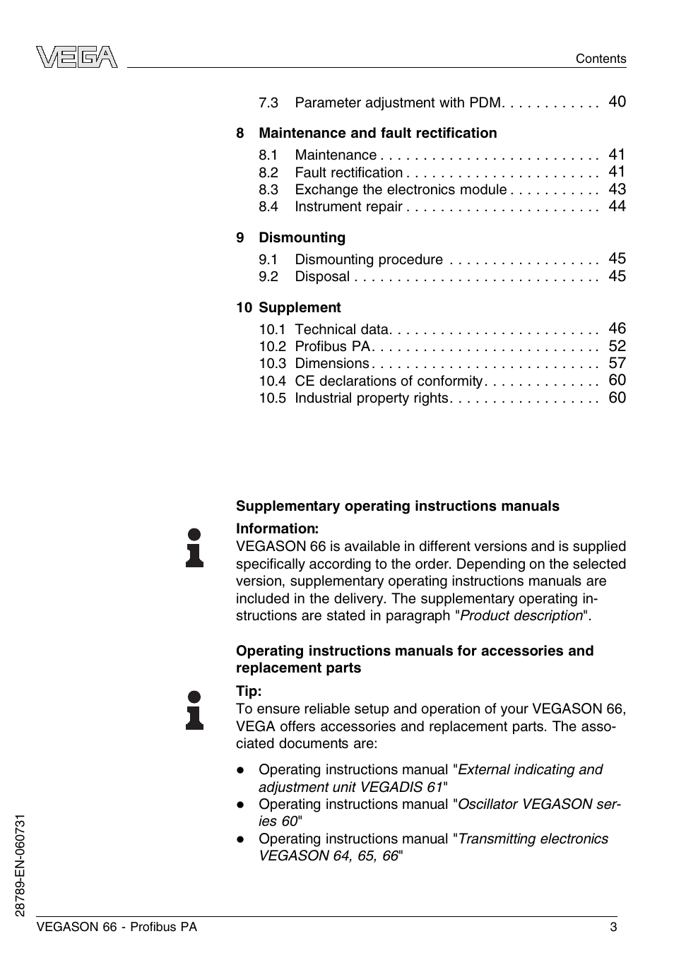 VEGA VEGASON 66 Proﬁbus PA User Manual | Page 3 / 64