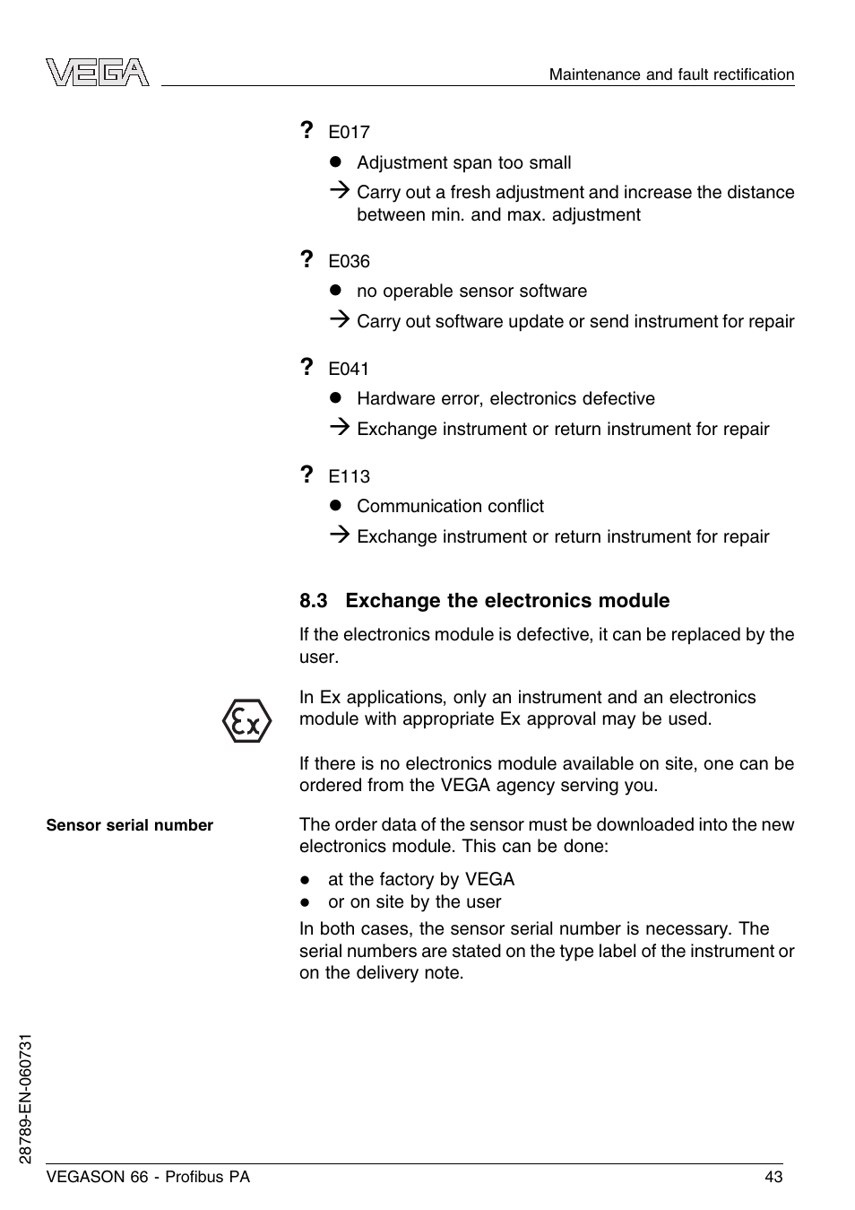 3 exchange the electronics module | VEGA VEGASON 66 Proﬁbus PA User Manual | Page 43 / 64