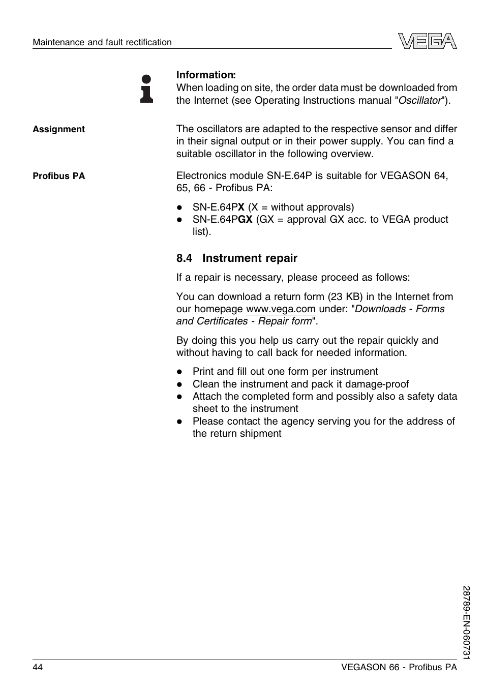 4 instrument repair | VEGA VEGASON 66 Proﬁbus PA User Manual | Page 44 / 64