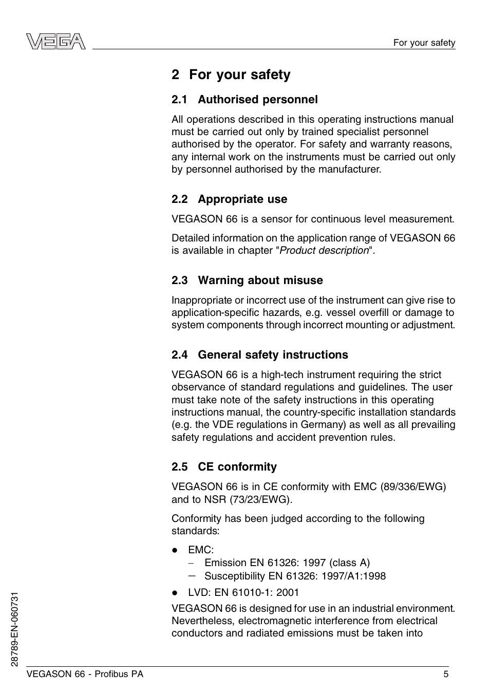 2 for your safety, 1 authorised personnel, 2 appropriate use | 3 warning about misuse, 4 general safety instructions, 5 ce conformity | VEGA VEGASON 66 Proﬁbus PA User Manual | Page 5 / 64