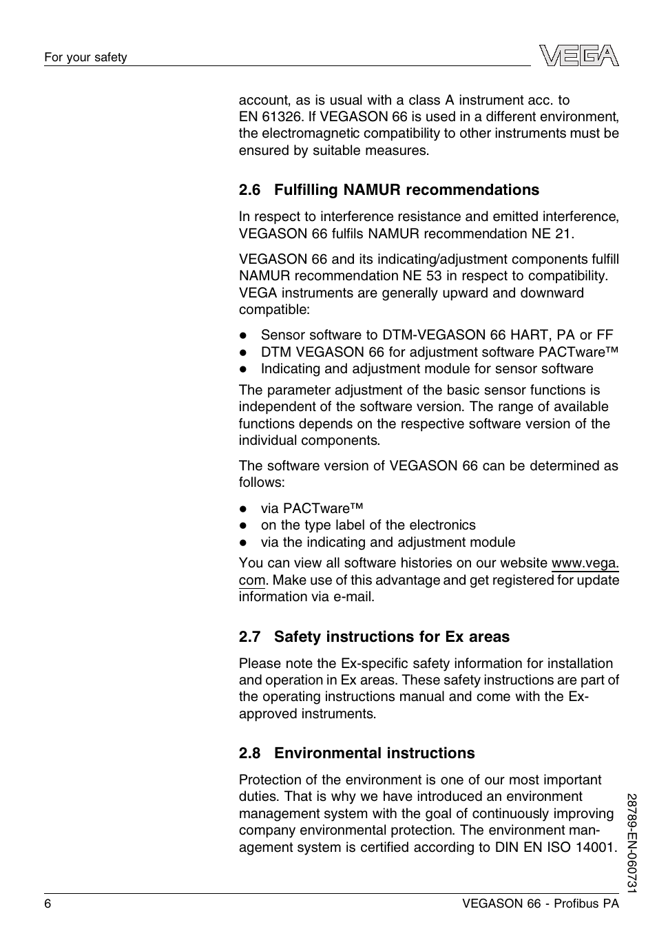 6 fulfilling namur recommendations, 7 safety instructions for ex areas, 8 environmental instructions | VEGA VEGASON 66 Proﬁbus PA User Manual | Page 6 / 64