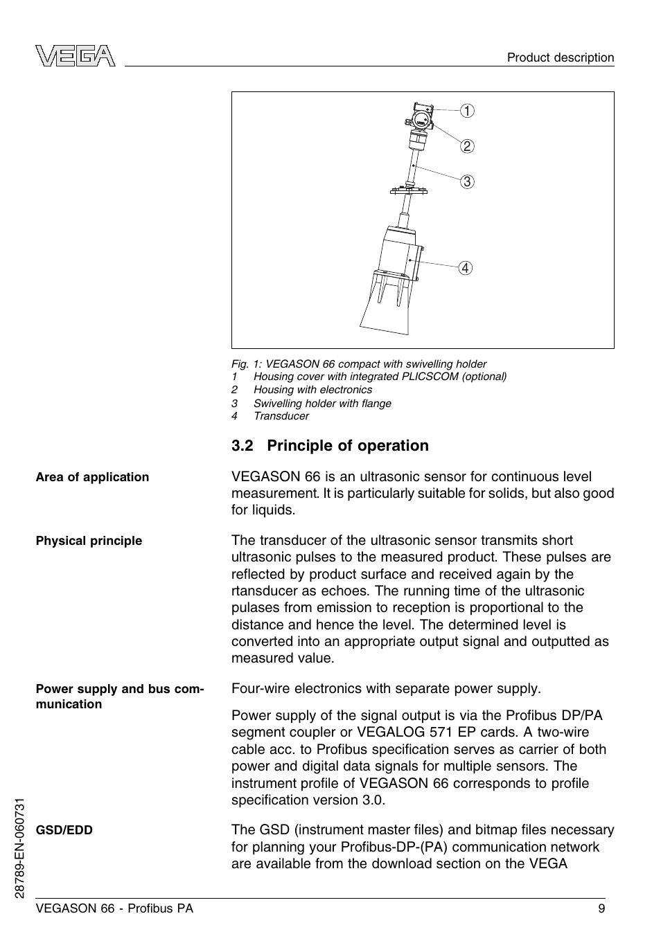 2 principle of operation | VEGA VEGASON 66 Proﬁbus PA User Manual | Page 9 / 64