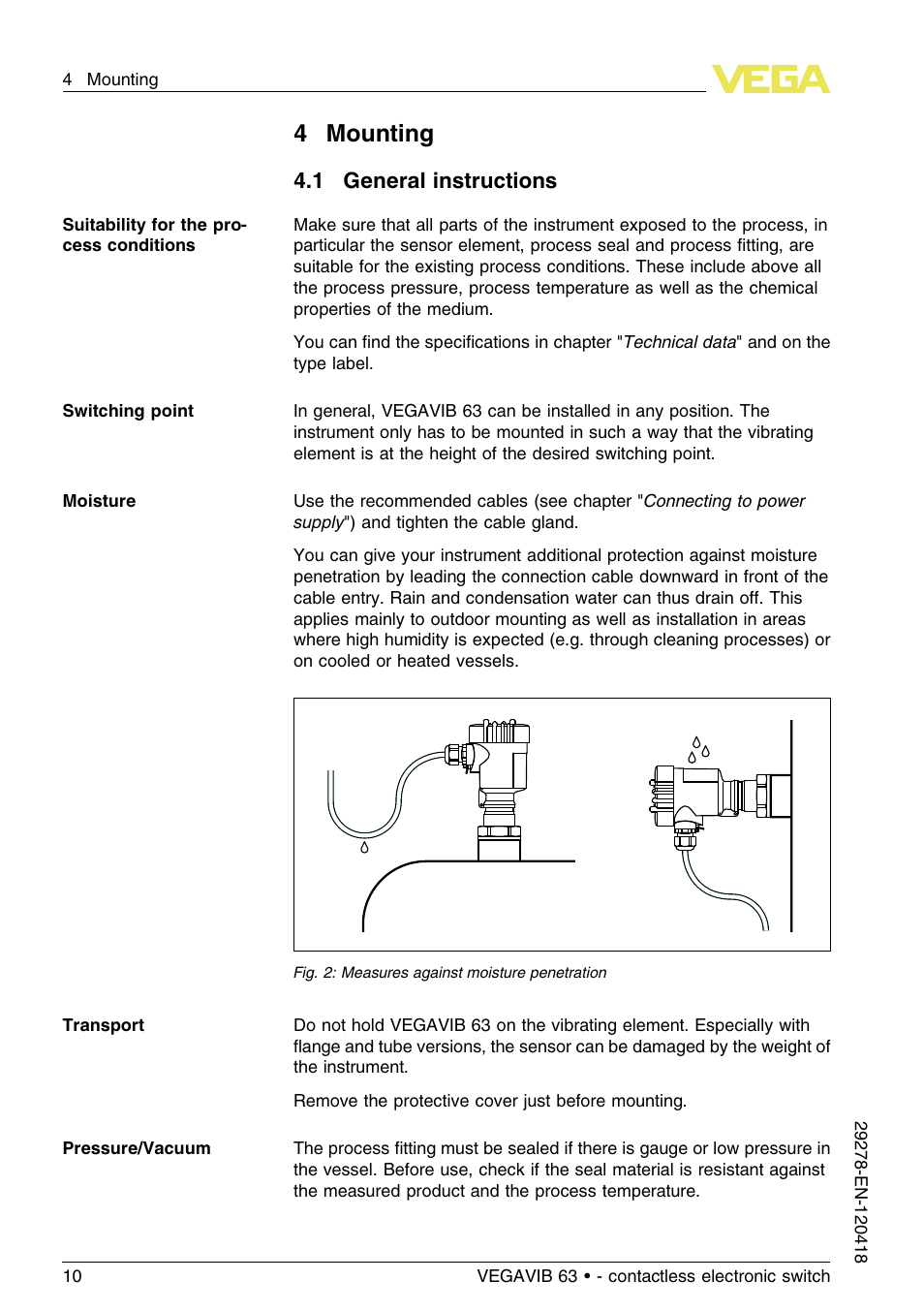 4 mounting, 1 general instructions, 4mounting | VEGA VEGAVIB 63 - contactless electronic switch User Manual | Page 10 / 36