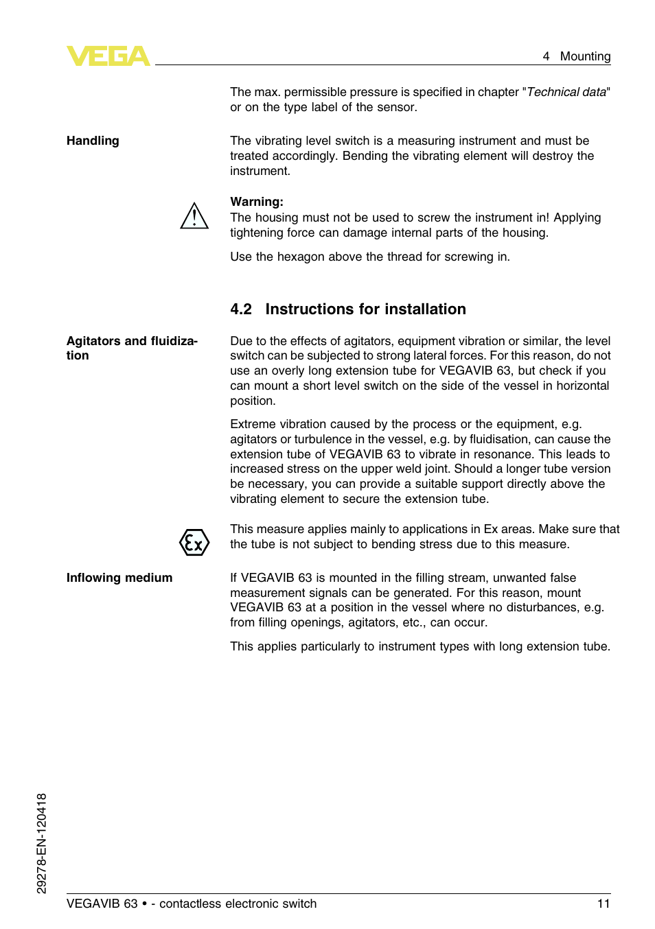 2 instructions for installation | VEGA VEGAVIB 63 - contactless electronic switch User Manual | Page 11 / 36