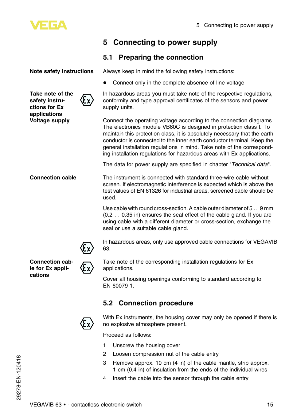5 connecting to power supply, 1 preparing the connection, 2 connection procedure | 5connecting to power supply | VEGA VEGAVIB 63 - contactless electronic switch User Manual | Page 15 / 36