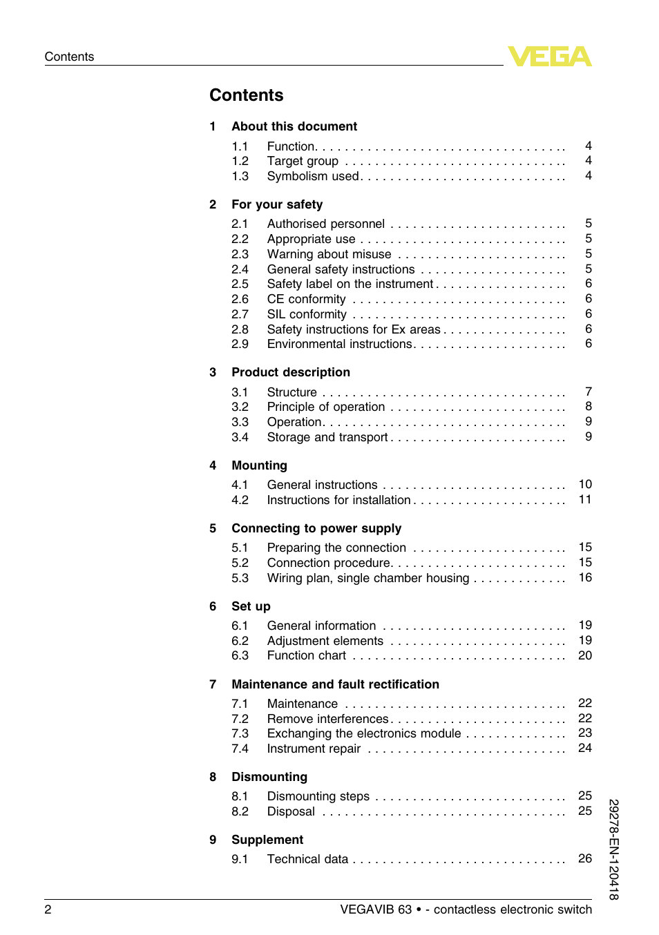 VEGA VEGAVIB 63 - contactless electronic switch User Manual | Page 2 / 36