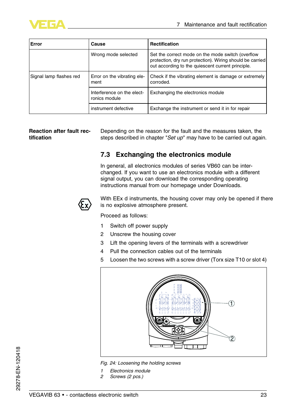 3 exchanging the electronics module | VEGA VEGAVIB 63 - contactless electronic switch User Manual | Page 23 / 36