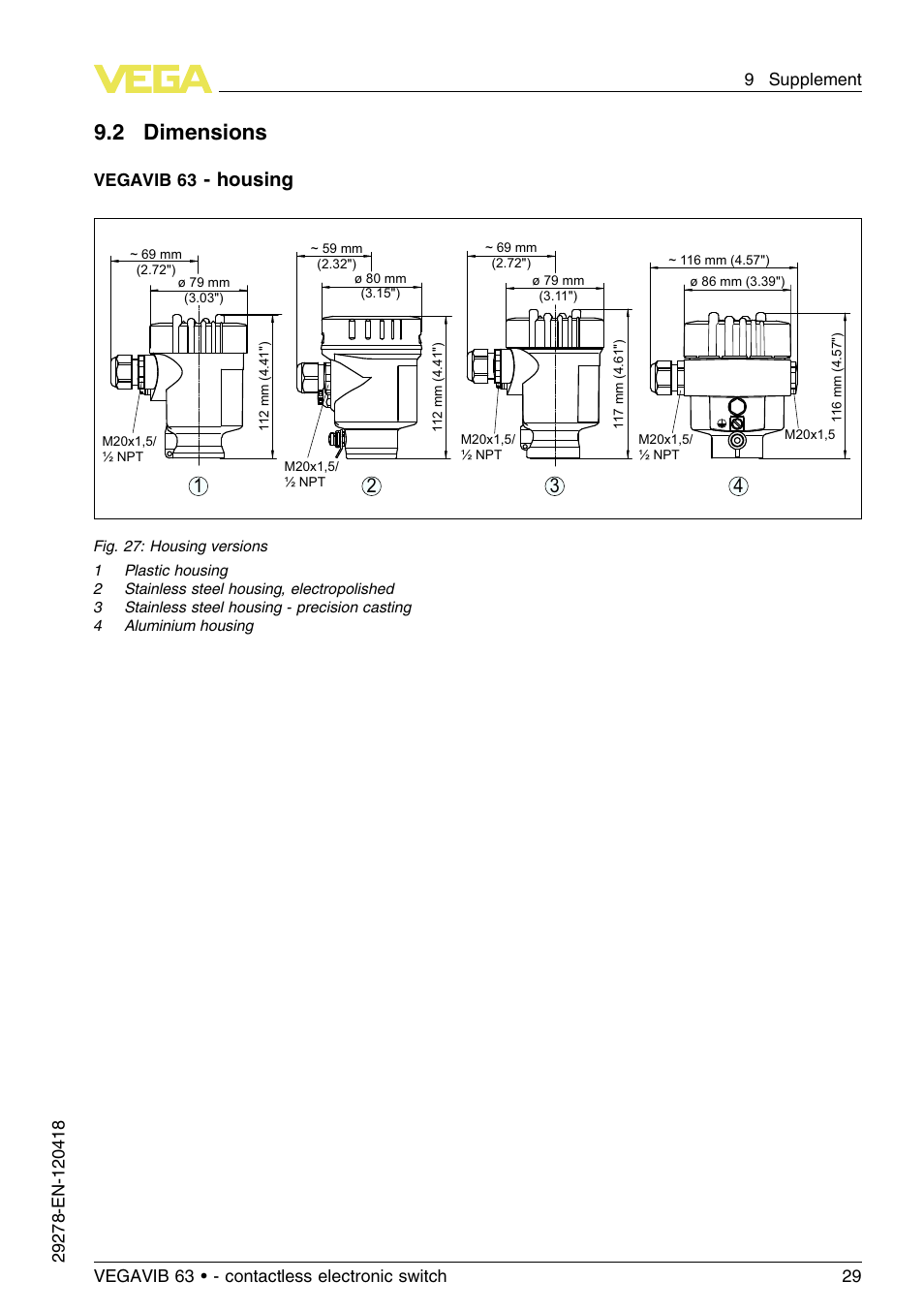 2 dimensions, Housing 3 2 1 4, Vegavib 63 | VEGA VEGAVIB 63 - contactless electronic switch User Manual | Page 29 / 36