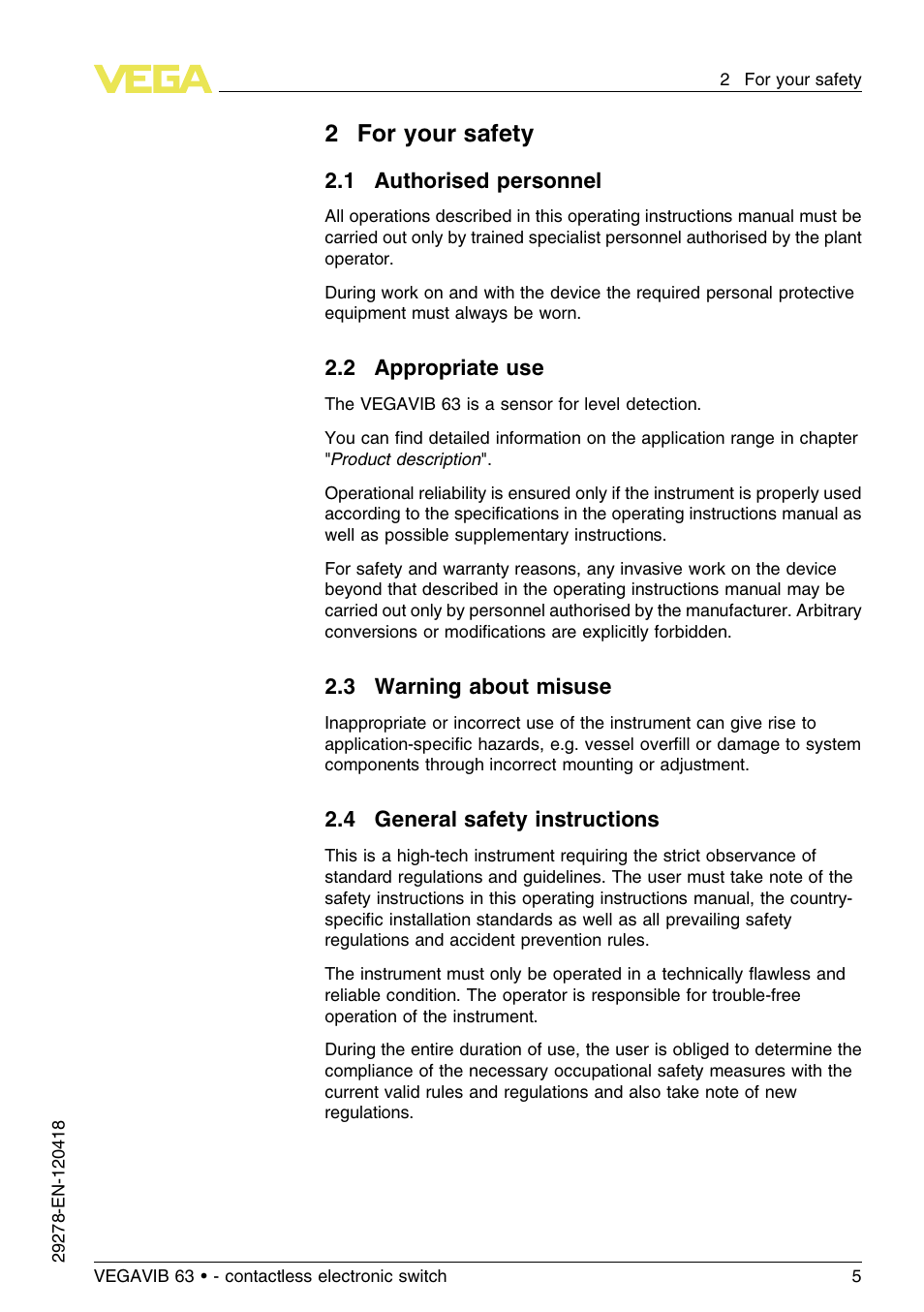 2 for your safety, 1 authorised personnel, 2 appropriate use | 3 warning about misuse, 4 general safety instructions, 2for your safety | VEGA VEGAVIB 63 - contactless electronic switch User Manual | Page 5 / 36